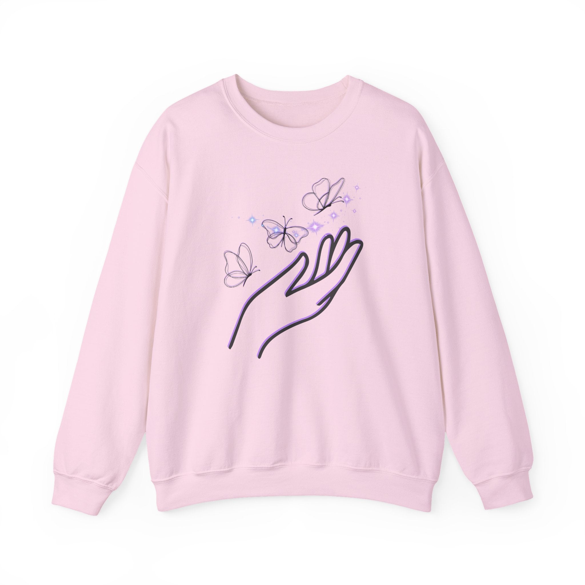 Pink sweatshirt with a hand and butterfly design on a white background