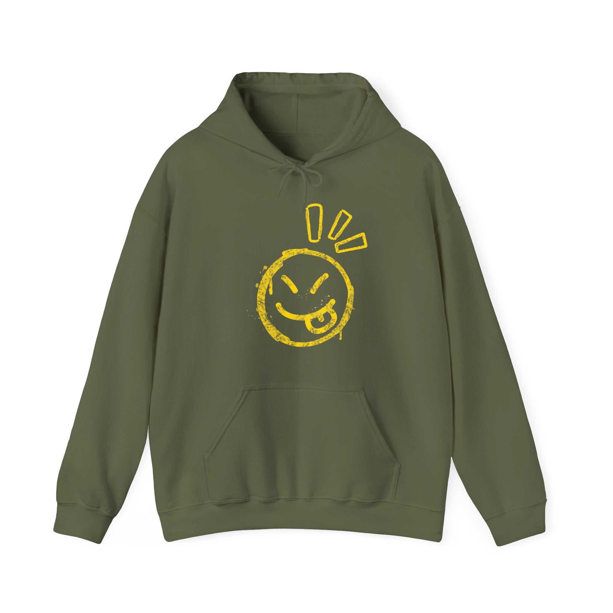 Military green hoodie with a graphic of a wacky emoticon on a white background