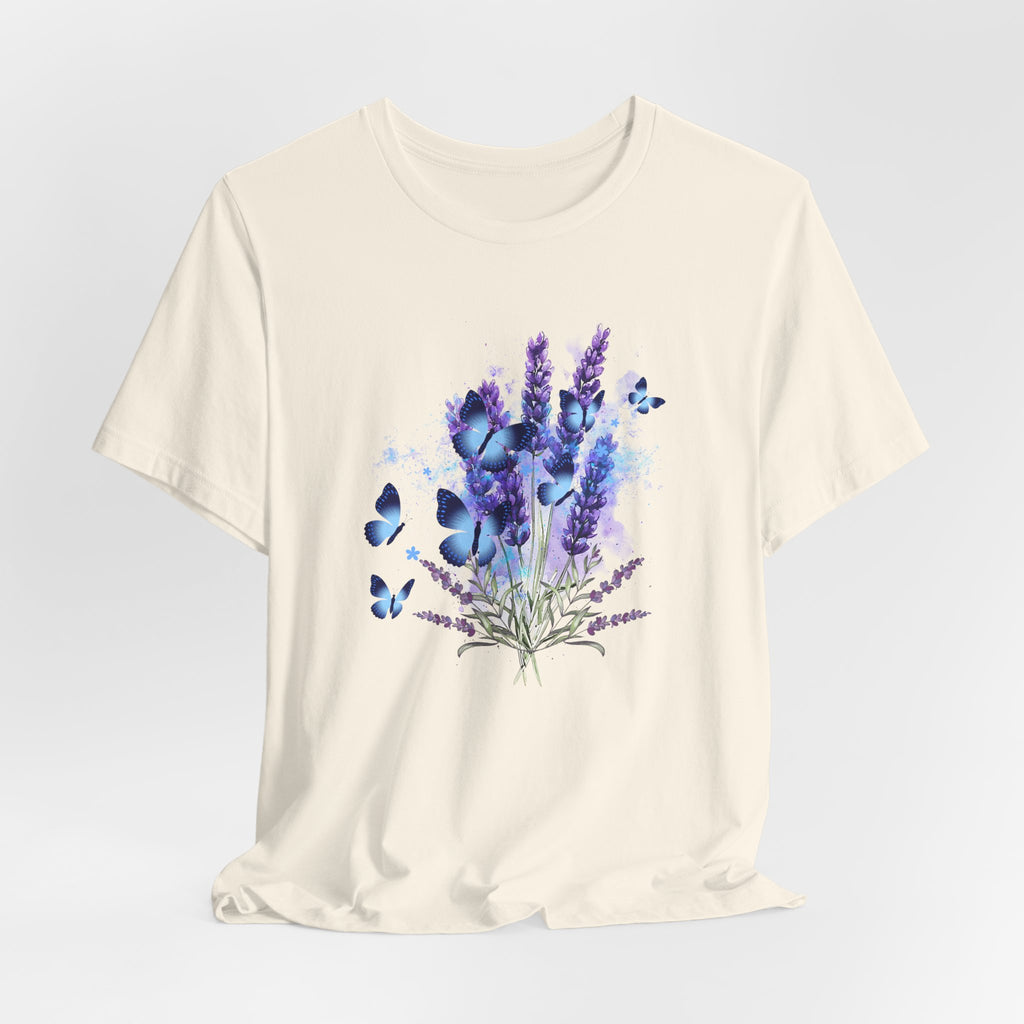 Beige t-shirt with a floral and butterfly design on a light gray background