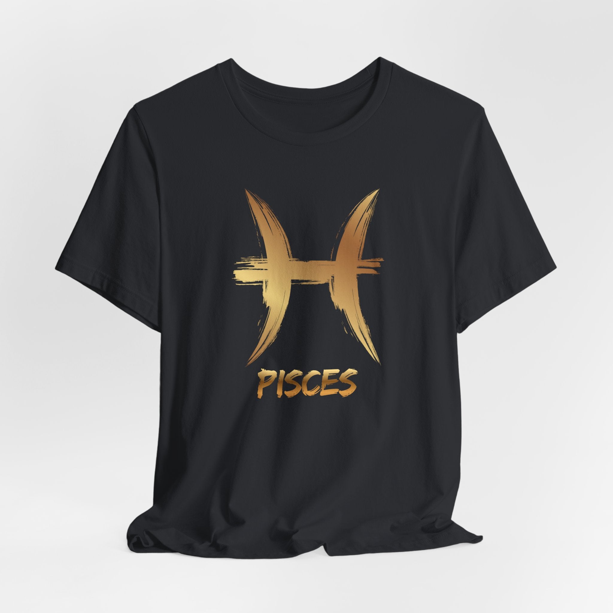 Black t-shirt with gold Pisces zodiac symbol on a white background