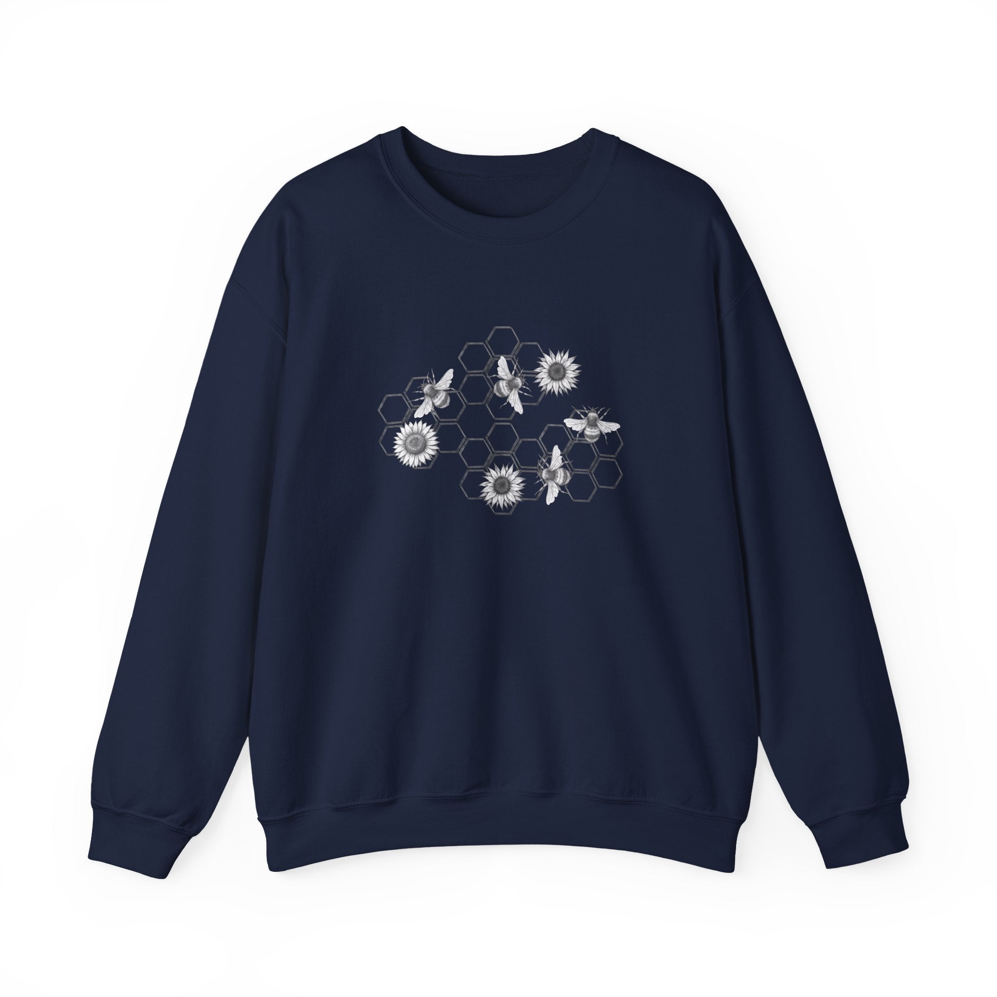 Navy blue sweatshirt with floral and bee design on a white background