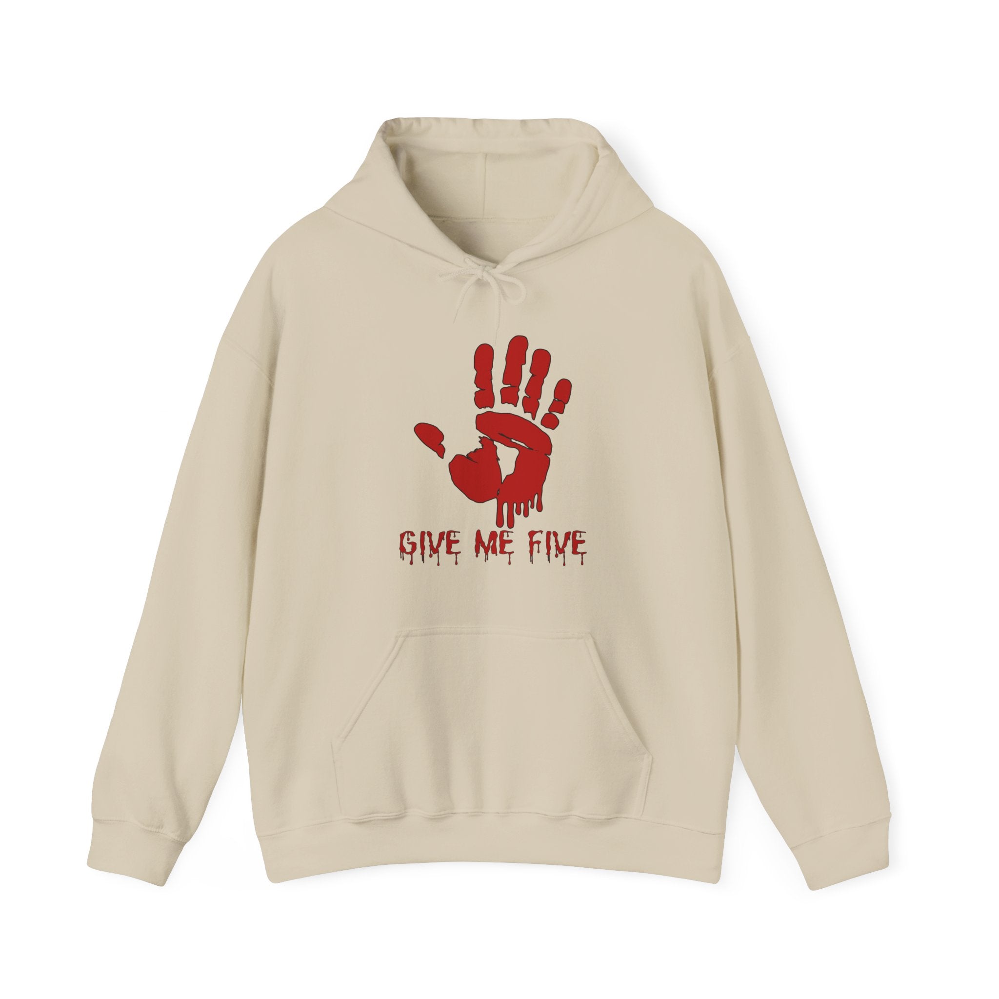 Beige hoodie with red handprint design and 'Give Me Five' text on a white background