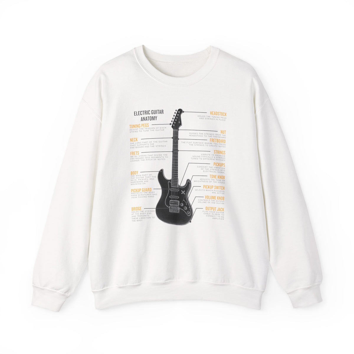 White sweatshirt with a electric guitar anatomy diagram design on a white background