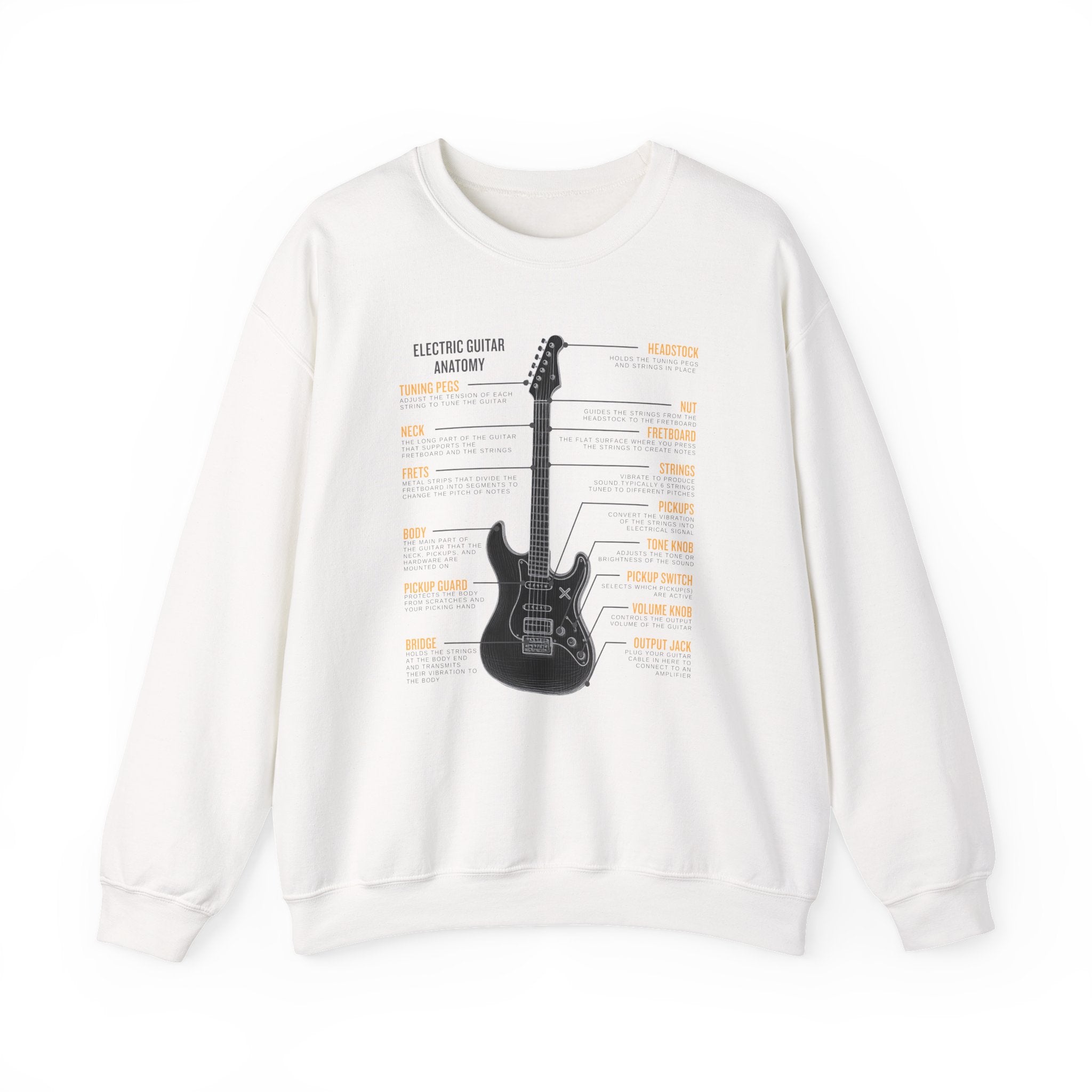 White sweatshirt with a electric guitar anatomy diagram design on a white background
