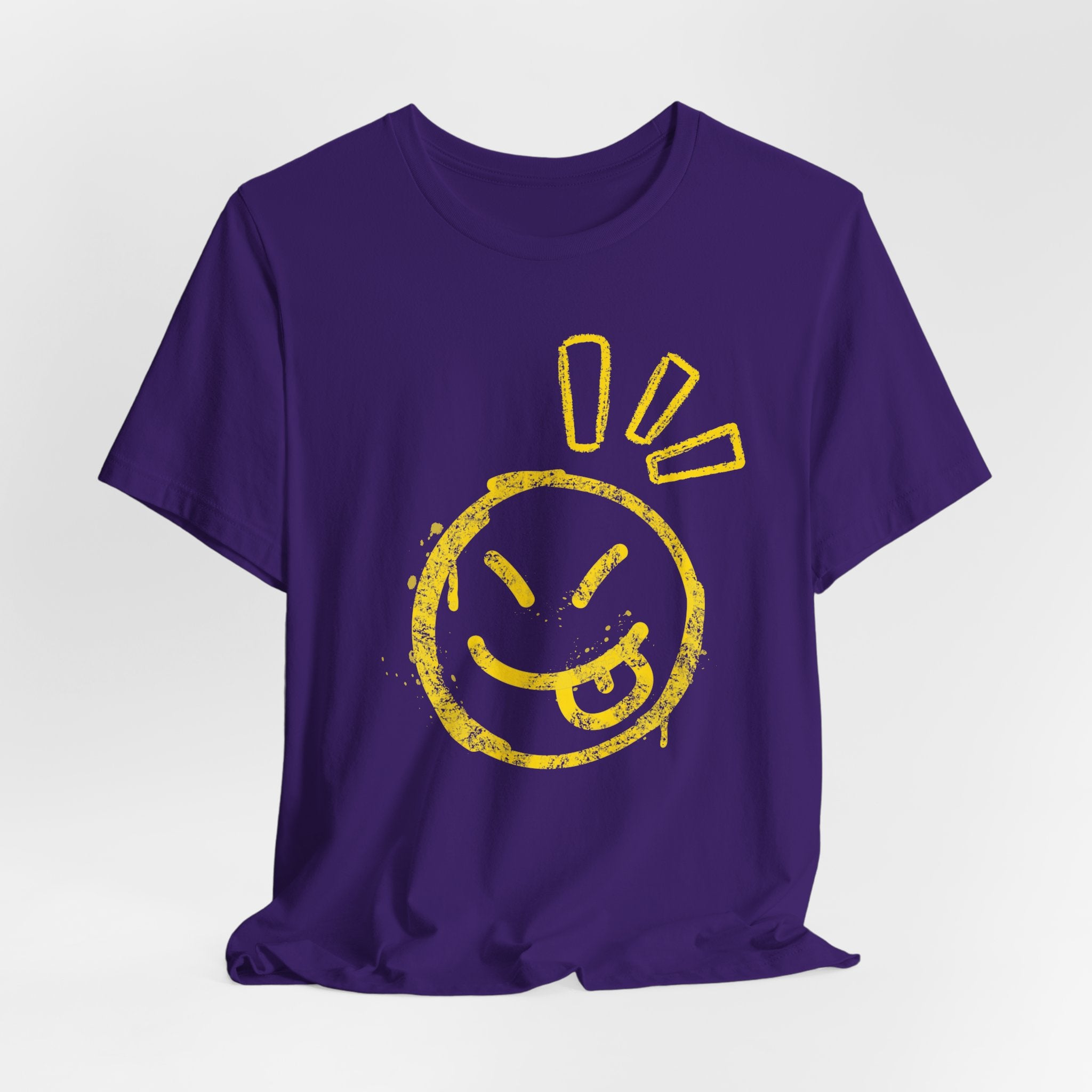 Purple t-shirt with yellow smiley face design on a white background