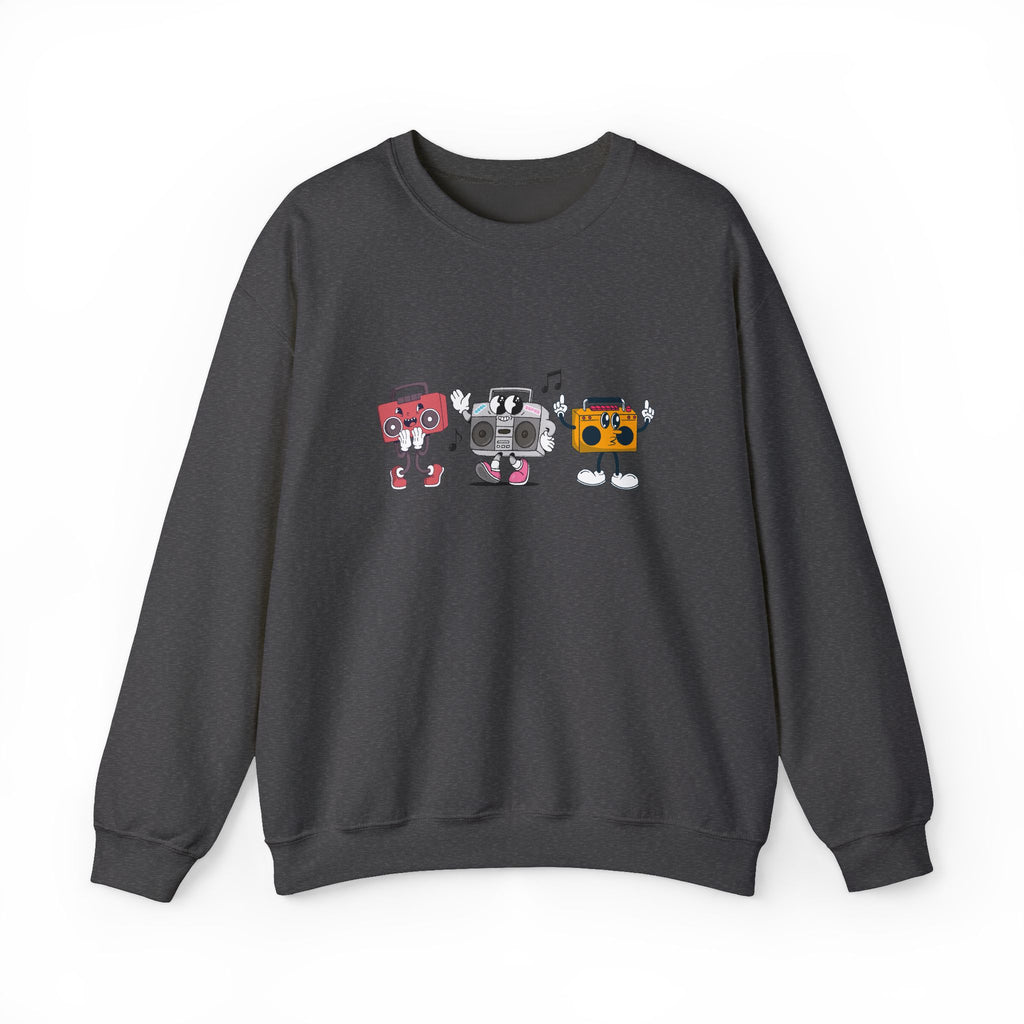 Dark gray sweatshirt with colorful graphic design on a white background