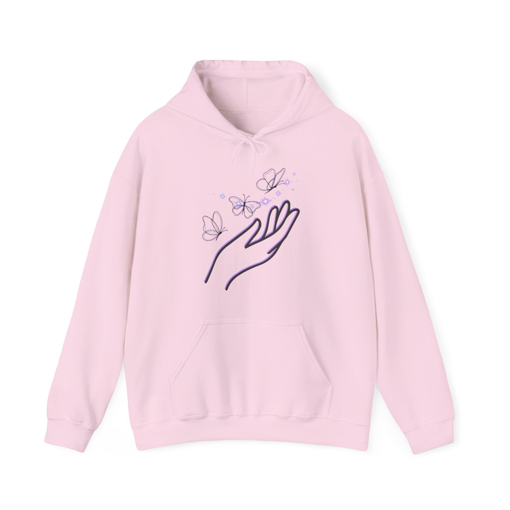 Pink hoodie with a hand and butterfly design on a white background