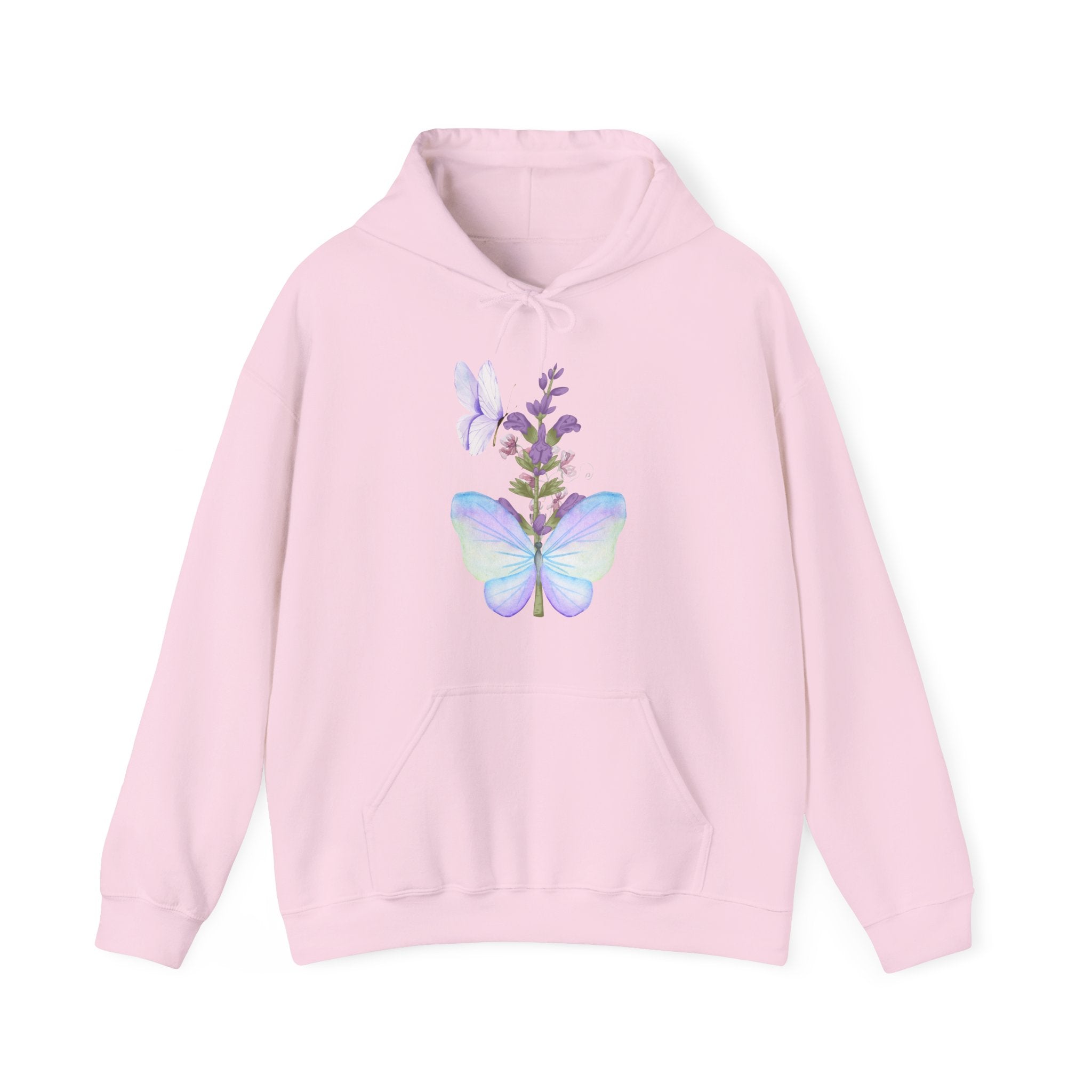 Pink hoodie with butterfly and lavender design on a white background