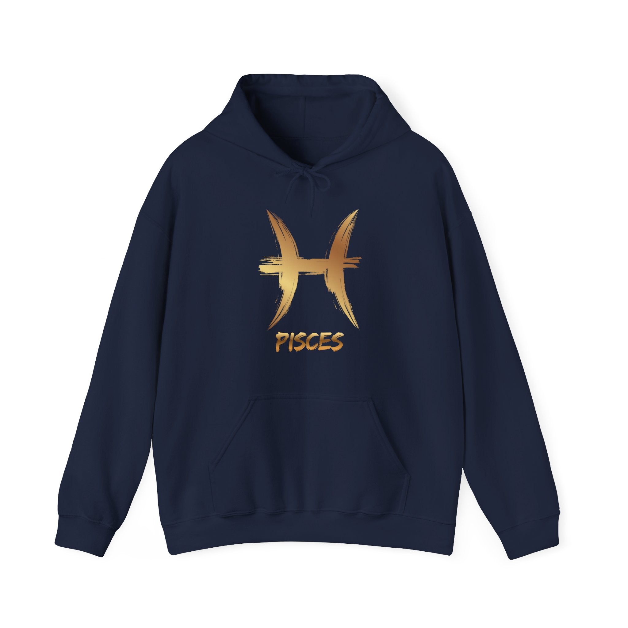 Navy blue hoodie with gold Pisces symbol and text on a white background