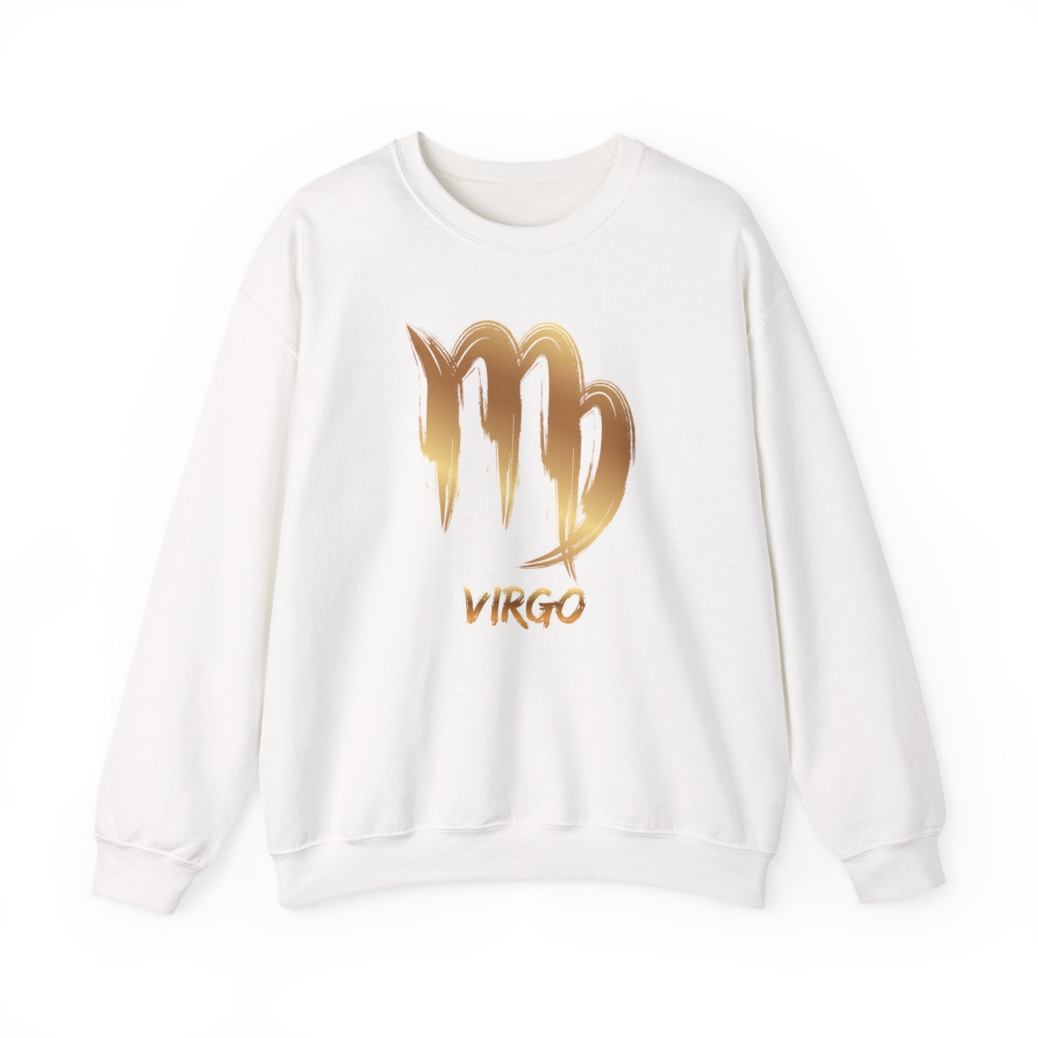 White sweatshirt with gold Virgo zodiac sign design on a white background