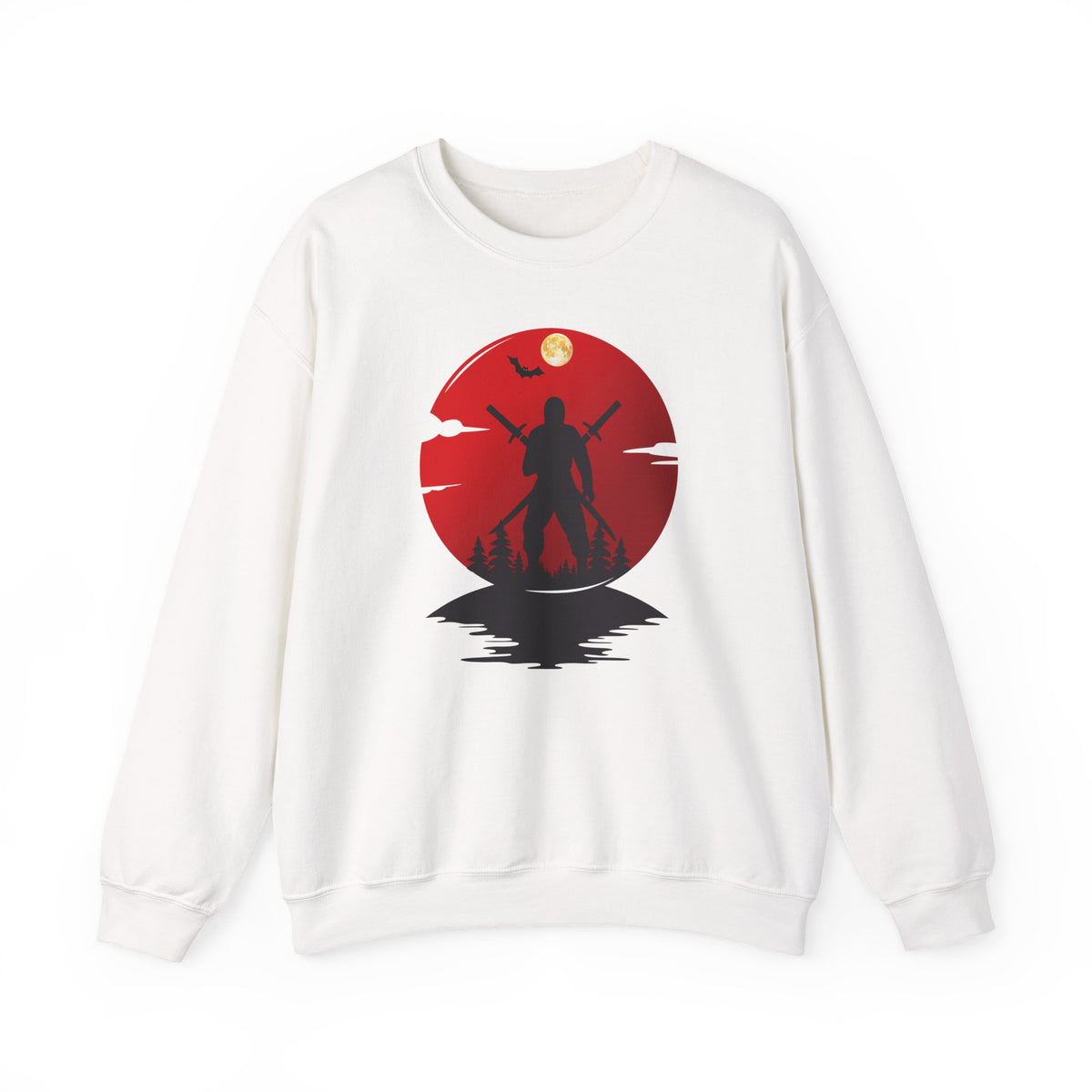 White sweatshirt with a red and black ninja graphic design on a white background