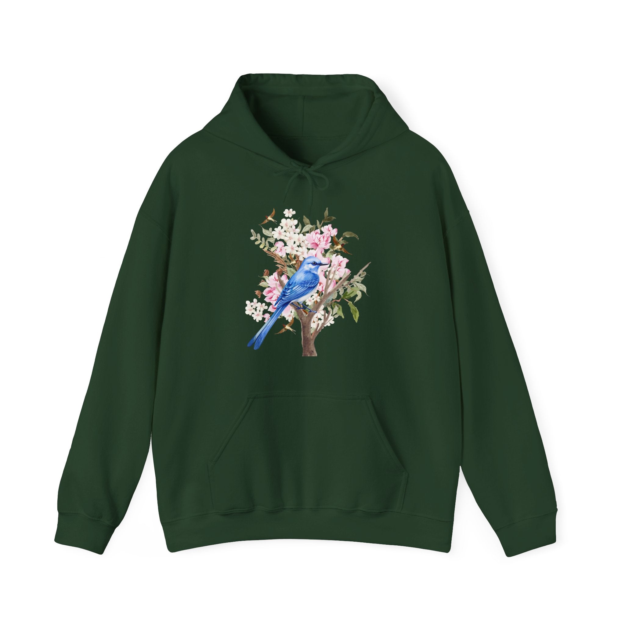 Green hoodie with a blue bird and floral design on a white background