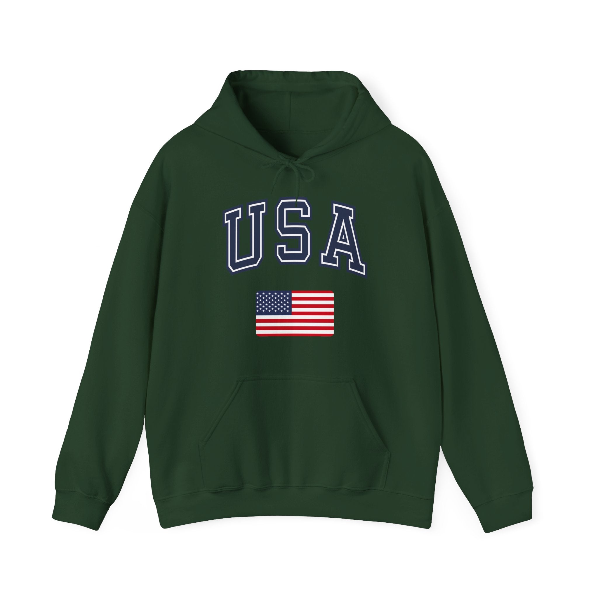 Green hoodie with 'USA' text and American flag on a white background