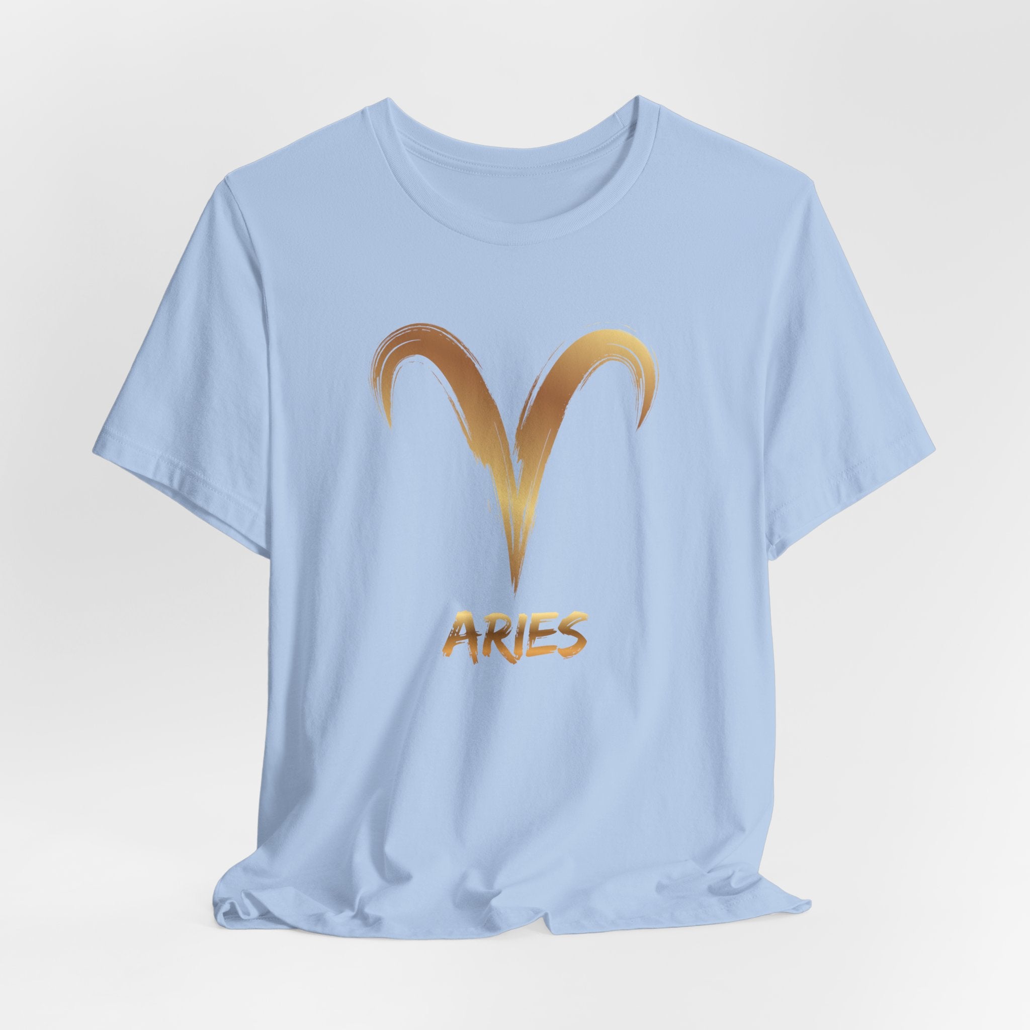 Light blue t-shirt with Aries symbol and text on a light gray background