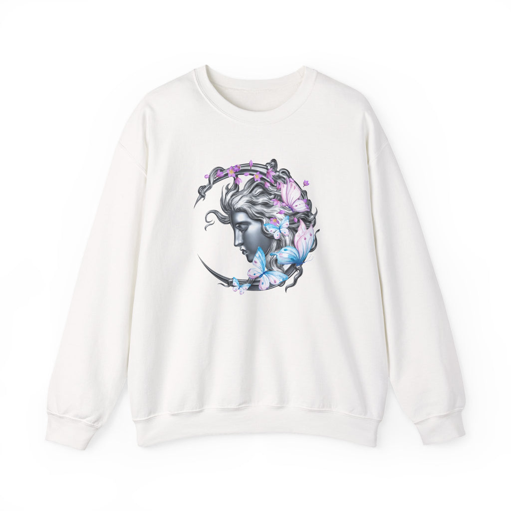 White sweatshirt with a graphic design of a woman's face surrounded by butterflies on a white background