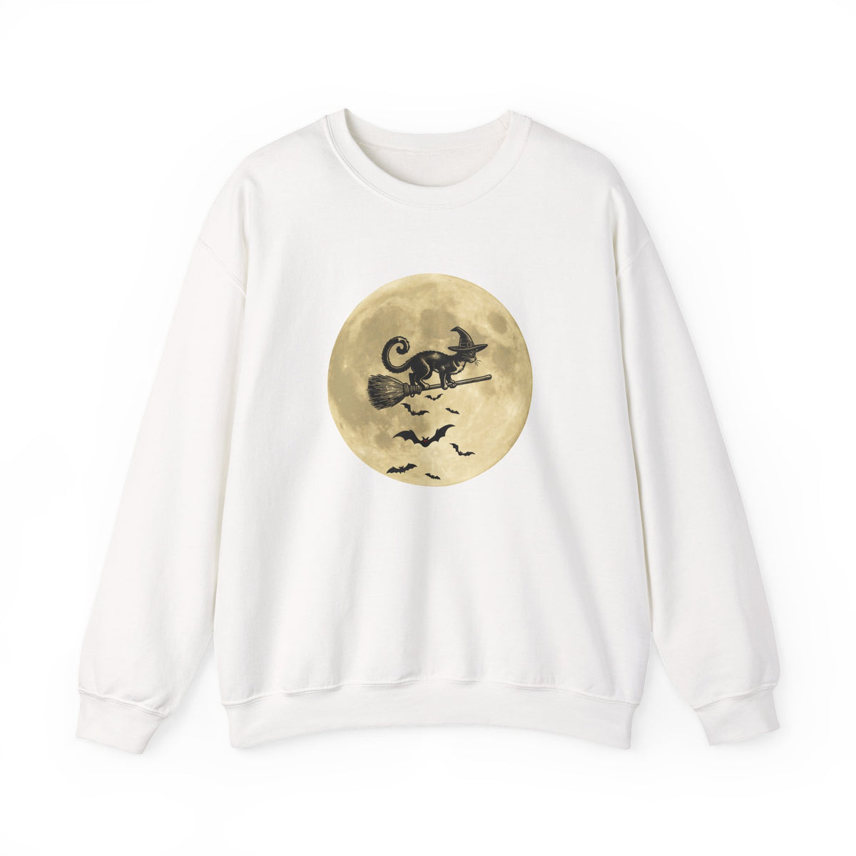White sweatshirt with a Halloween design of a cat on a moon and bats on a white background