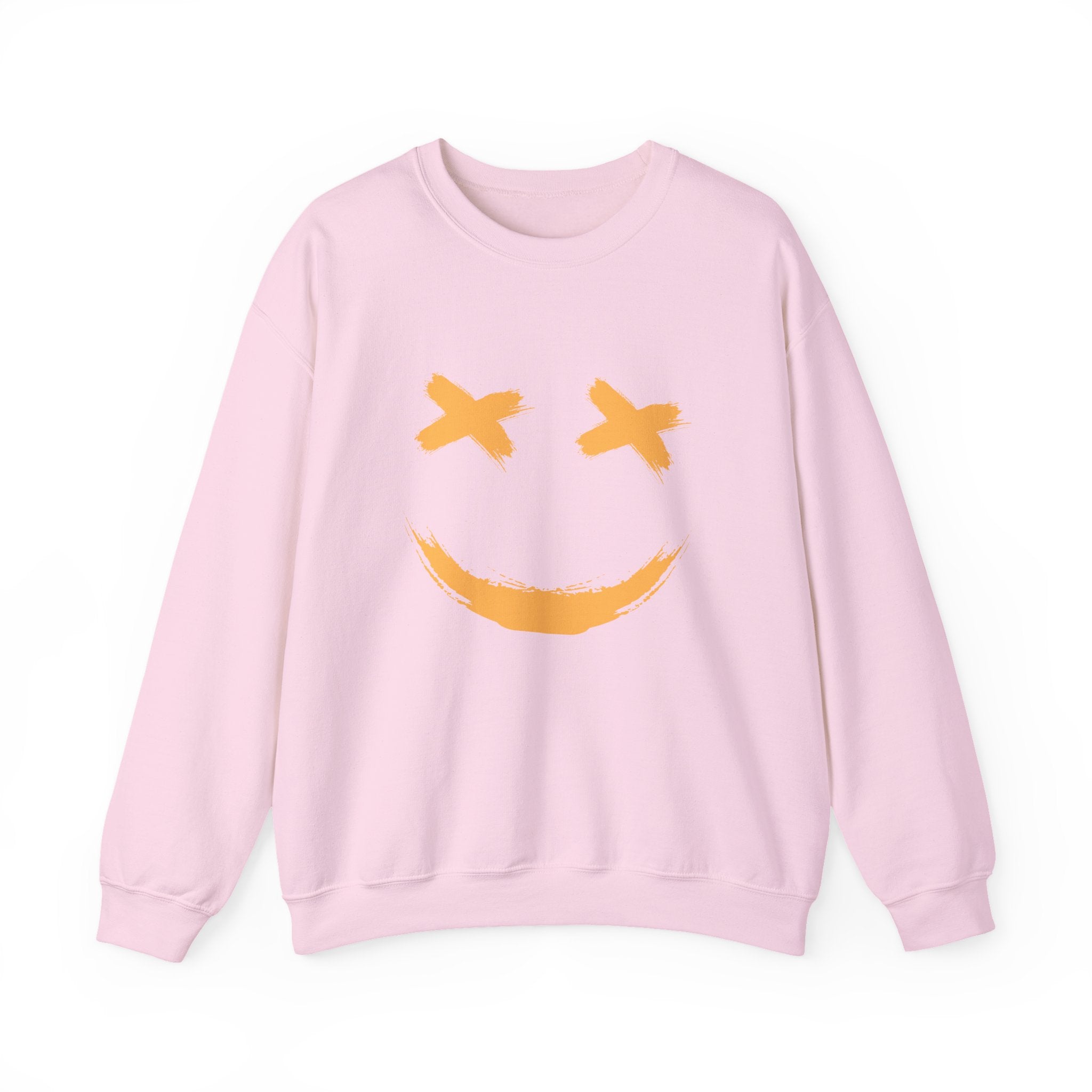 Pink sweatshirt with a smiley face design on a white background