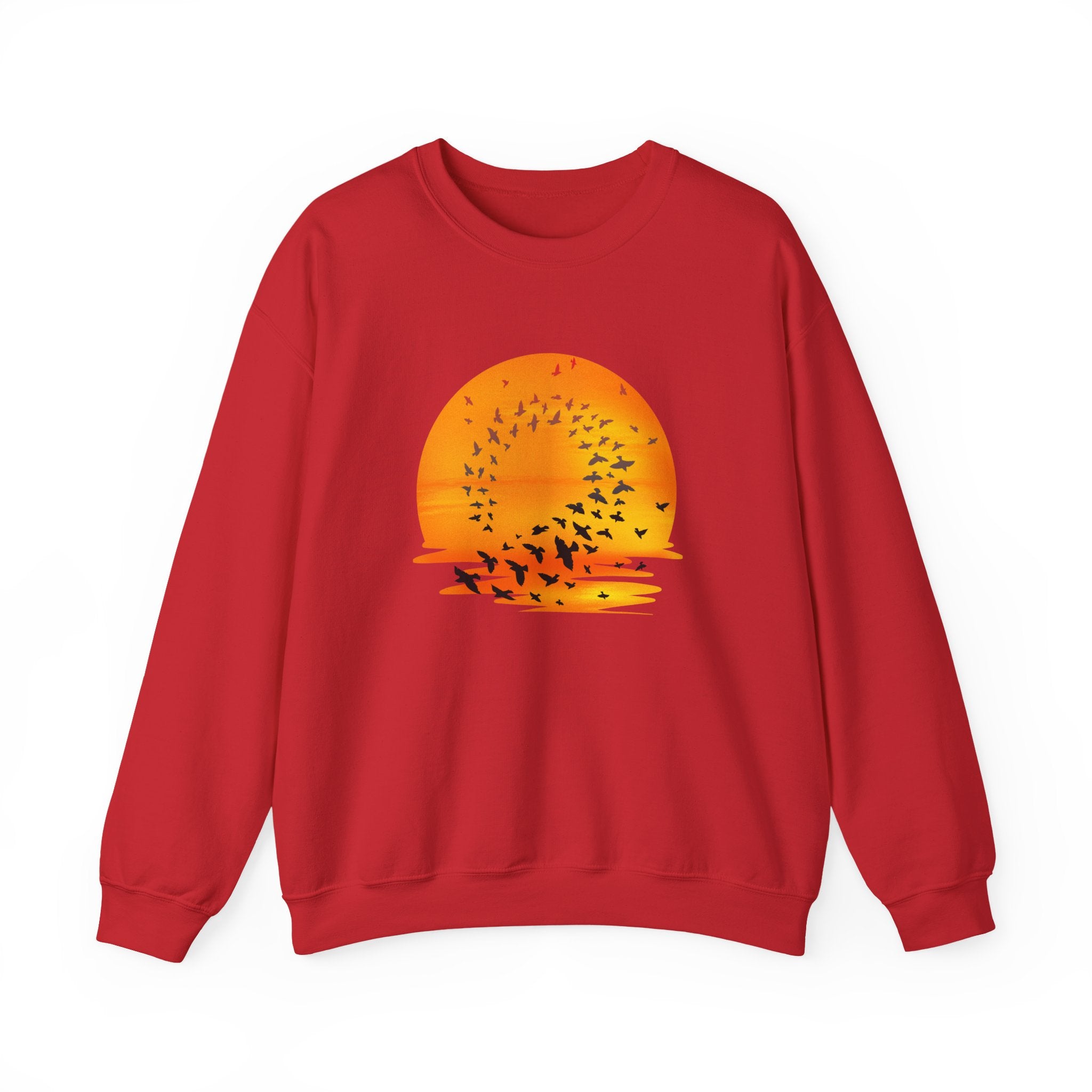 Red sweatshirt with a sunset and bird design on a white background