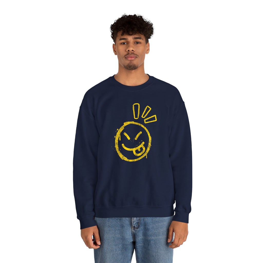 Person wearing a navy blue sweatshirt with a yellow smiley face design on a white background