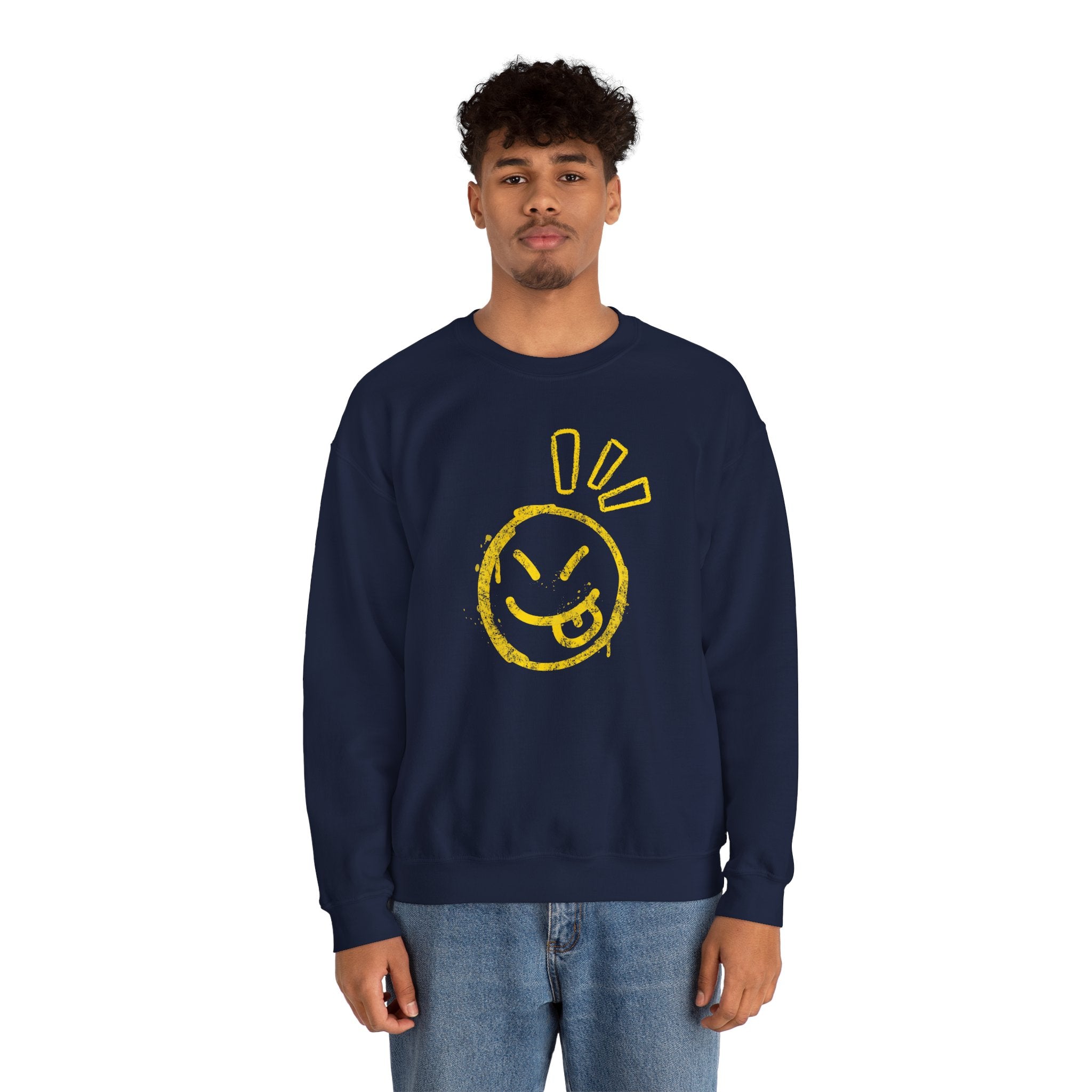 Person wearing a navy blue sweatshirt with a yellow smiley face design on a white background