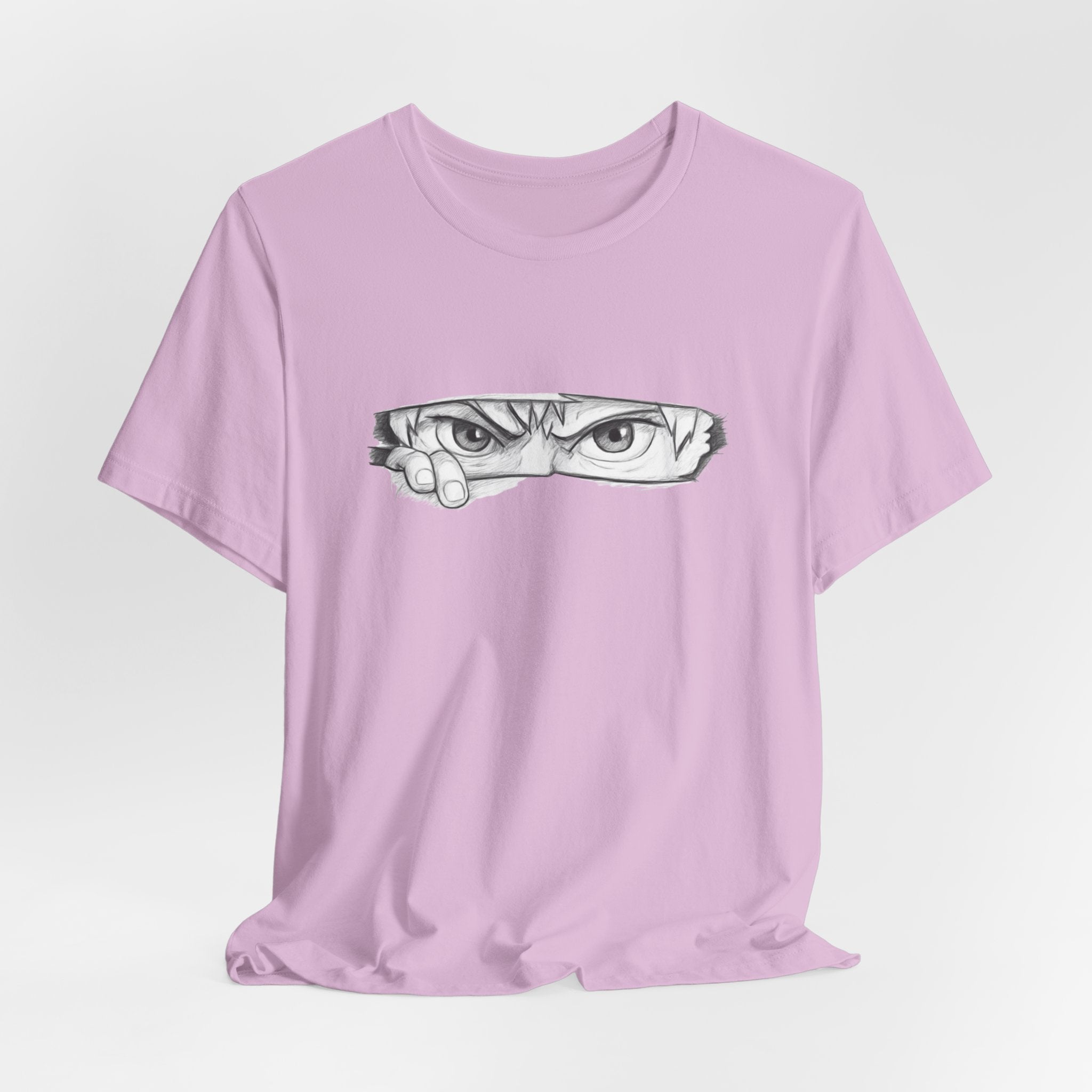 Lavender t-shirt with a graphic design on a light gray background