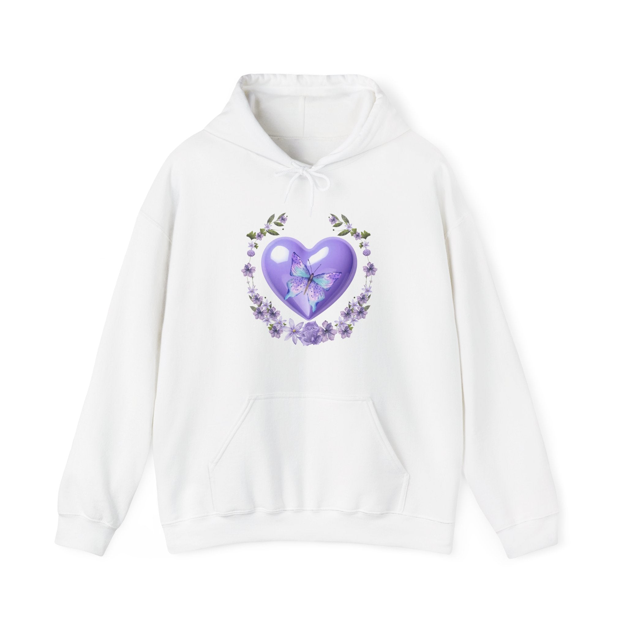 White hoodie with a purple heart and floral design on a white background