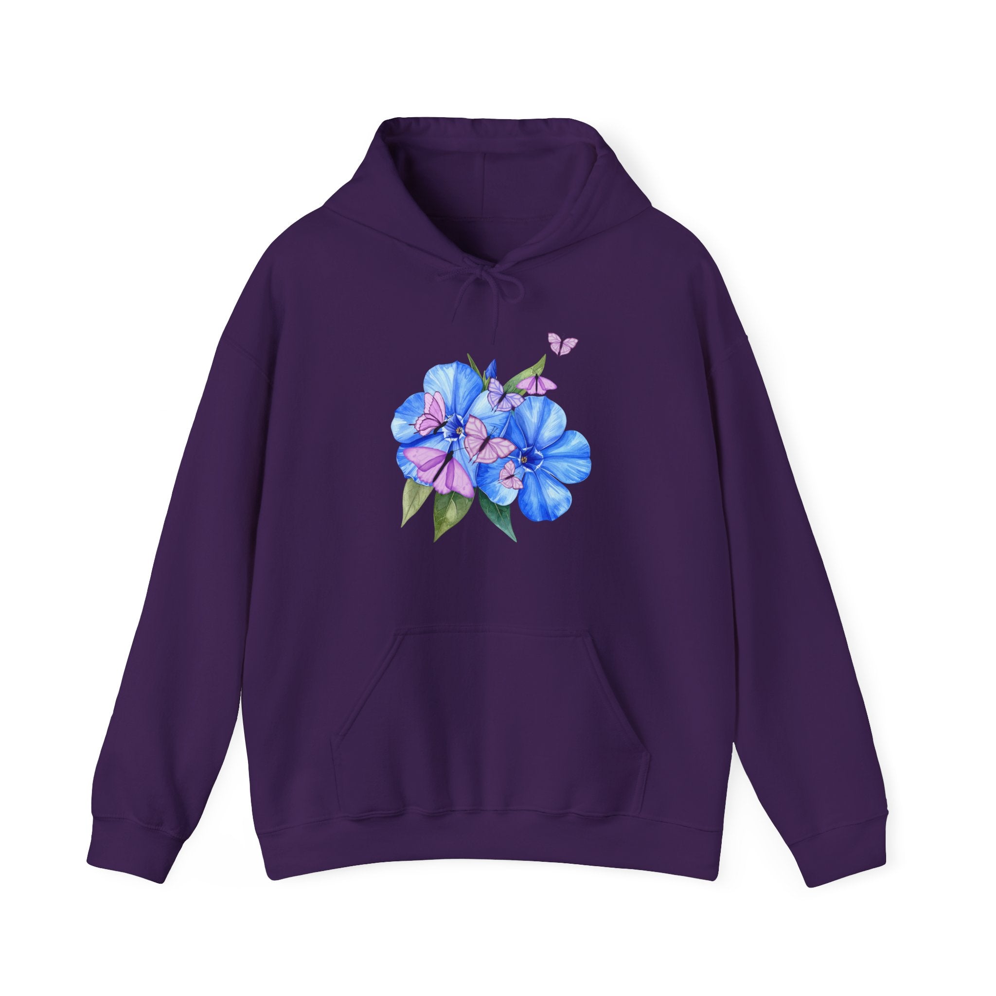 Purple hoodie with floral design on a white background