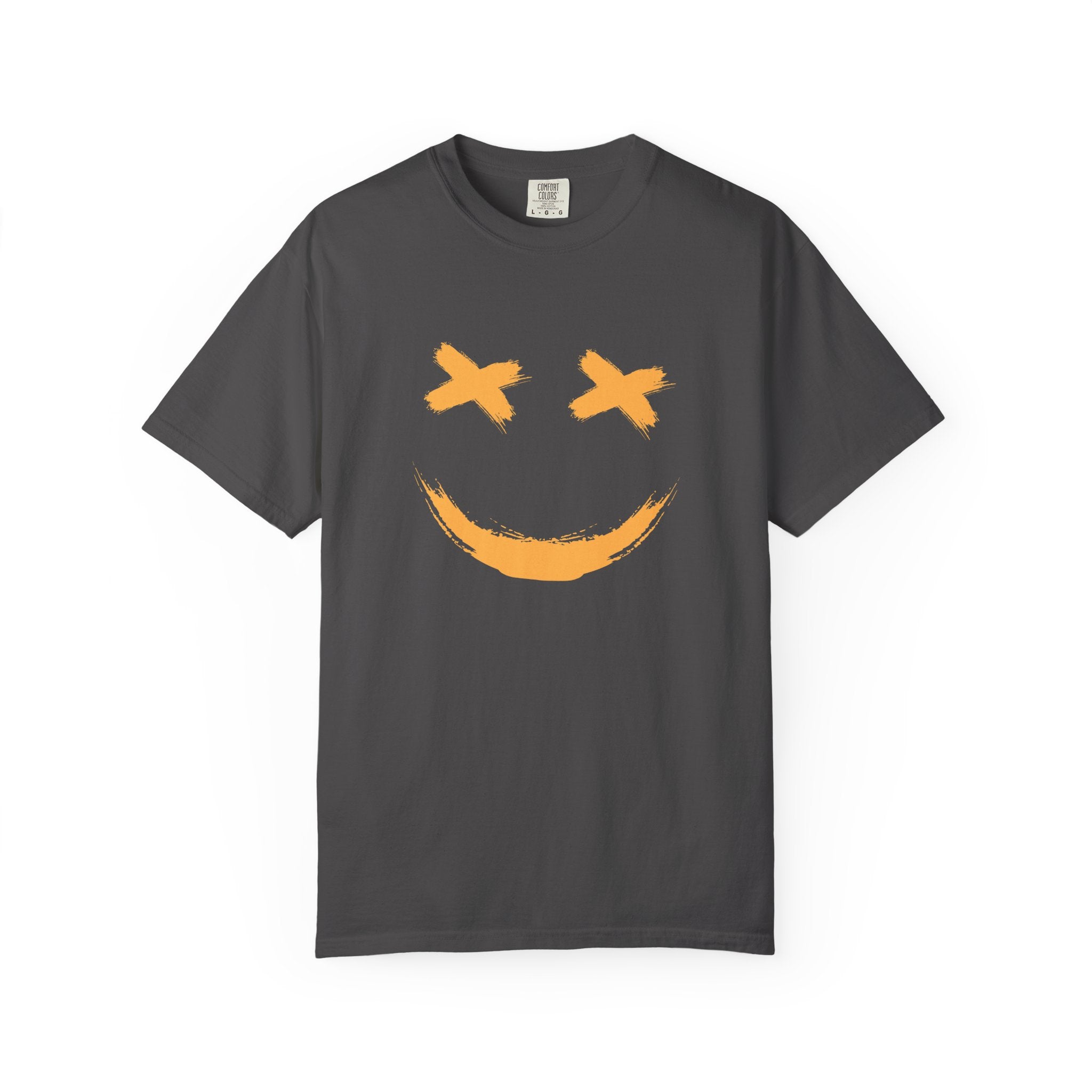 Graphite t-shirt with a smiley logo on the chest against a white background