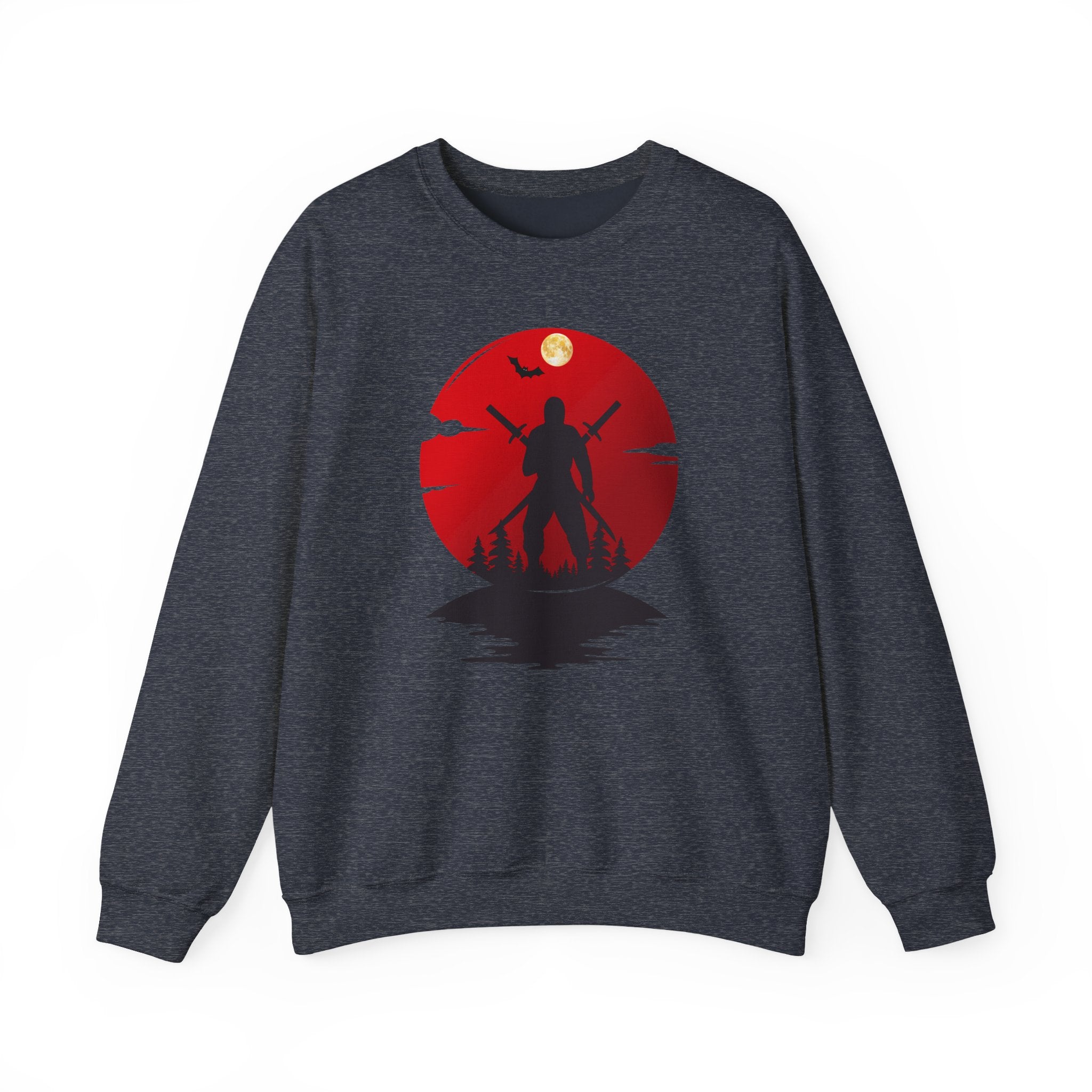 Dark navy sweatshirt with a red and black ninja graphic design on a white background