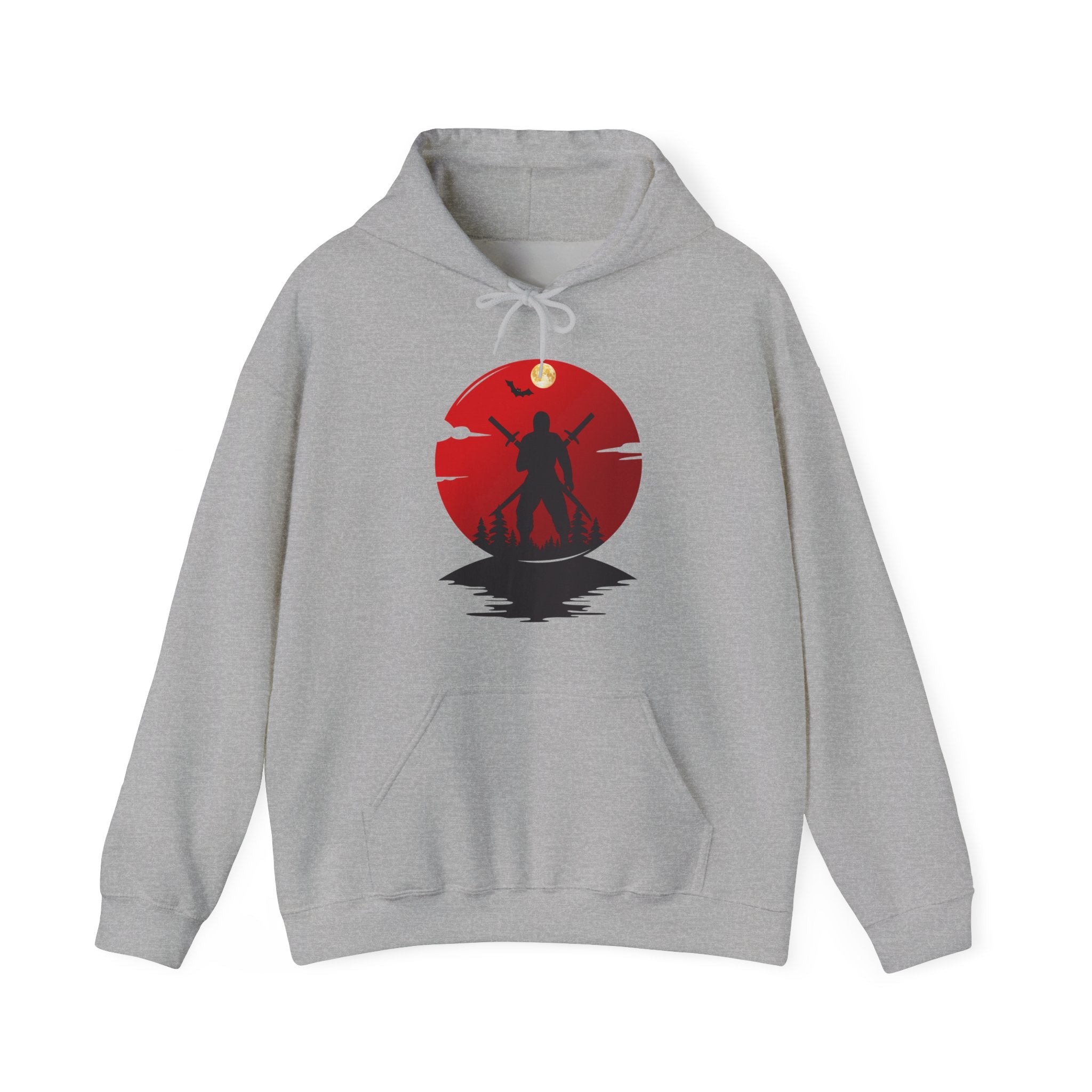 Gray hoodie with a red and black graphic design on a white background