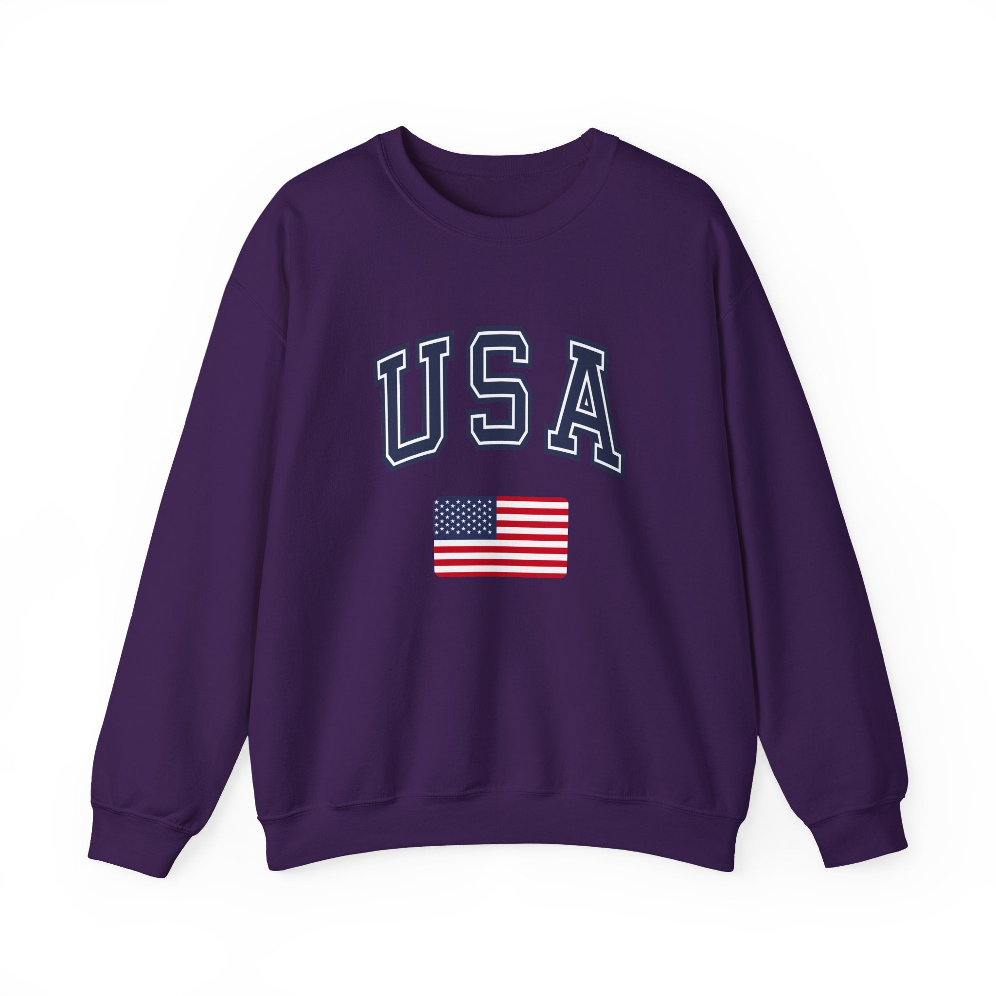 Purple sweatshirt with 'USA' text and American flag on a white background