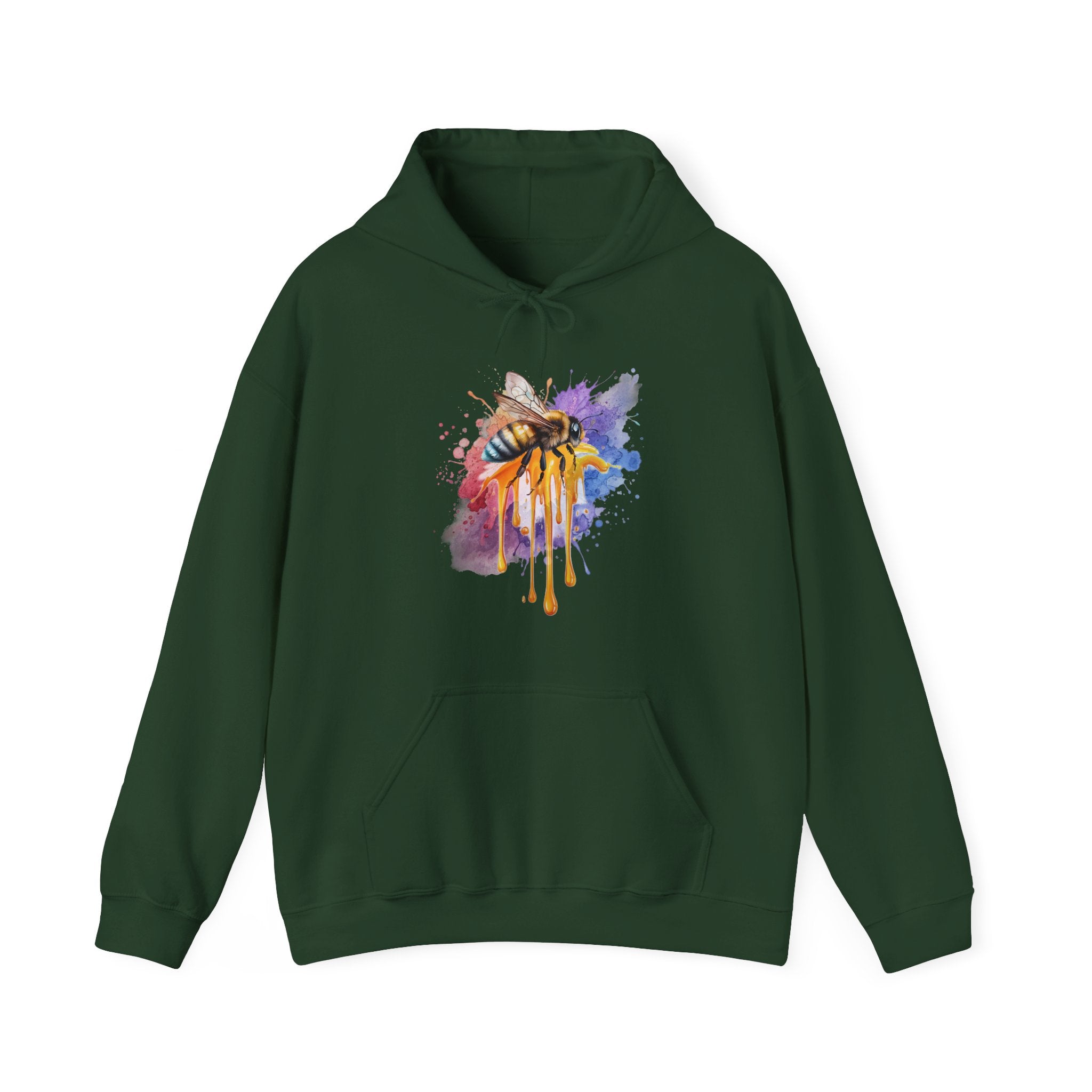 Green hoodie with a colorful bee design on a white background