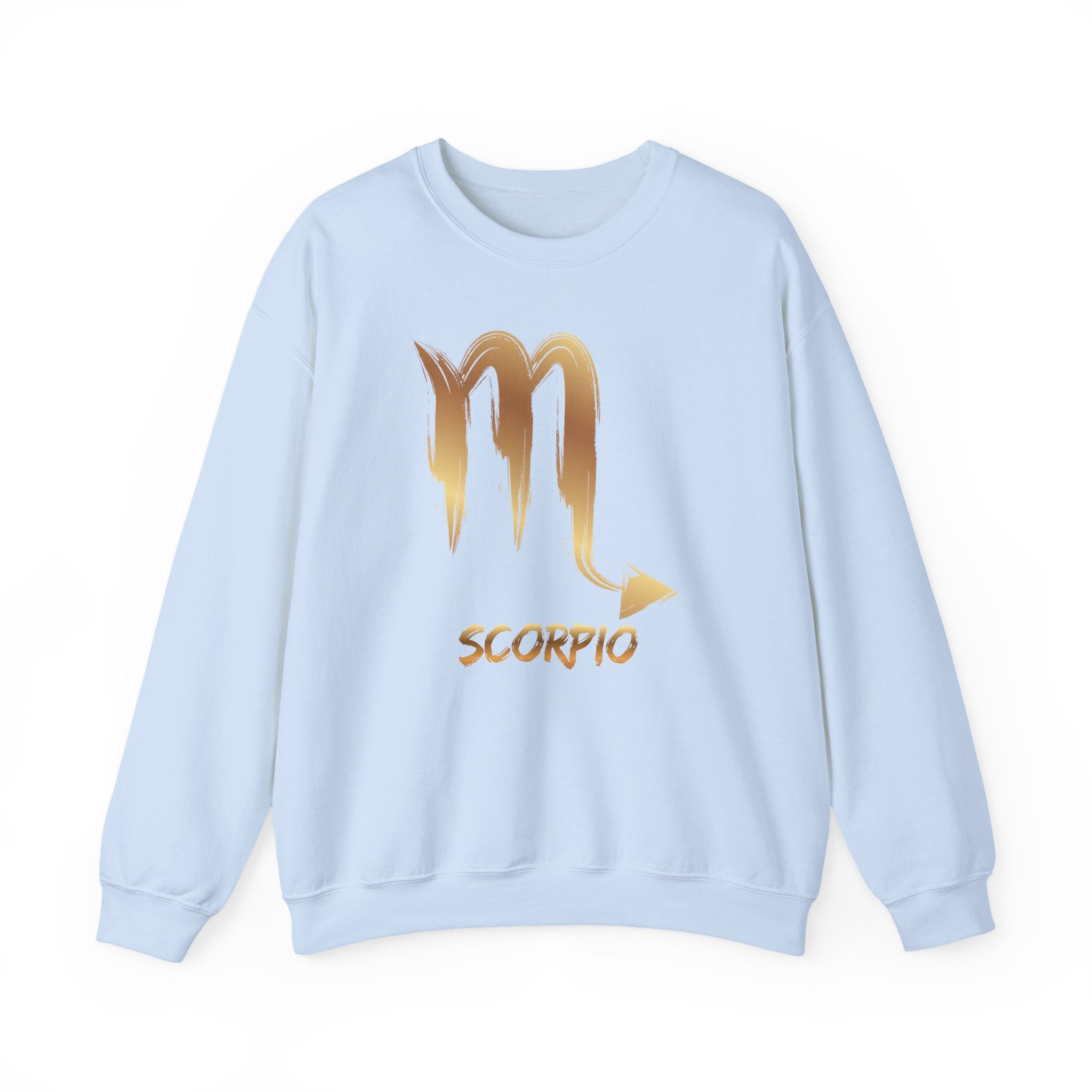 Light blue sweatshirt with gold Scorpio symbol and text on a white background