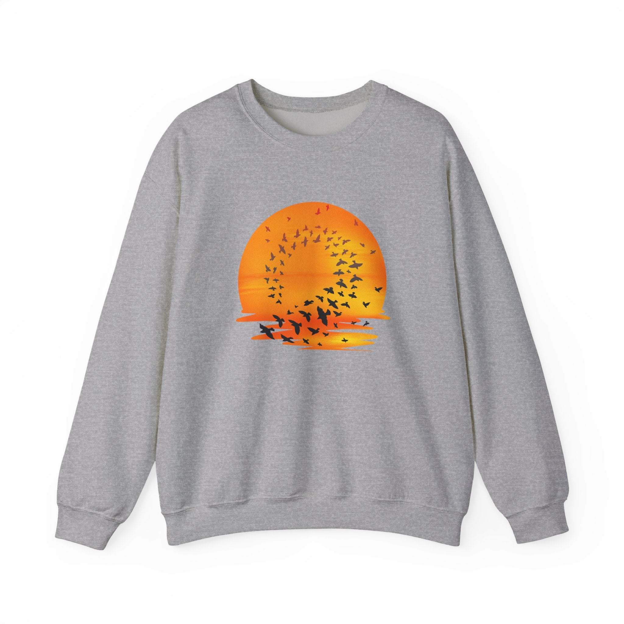 Gray sweatshirt with a sunset and bird design on a white background