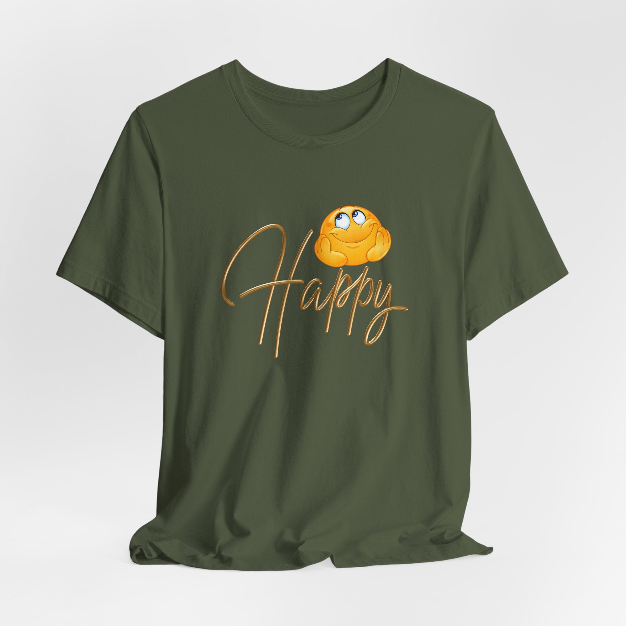 Green t-shirt with a cartoon character and 'Happy' text on a white background