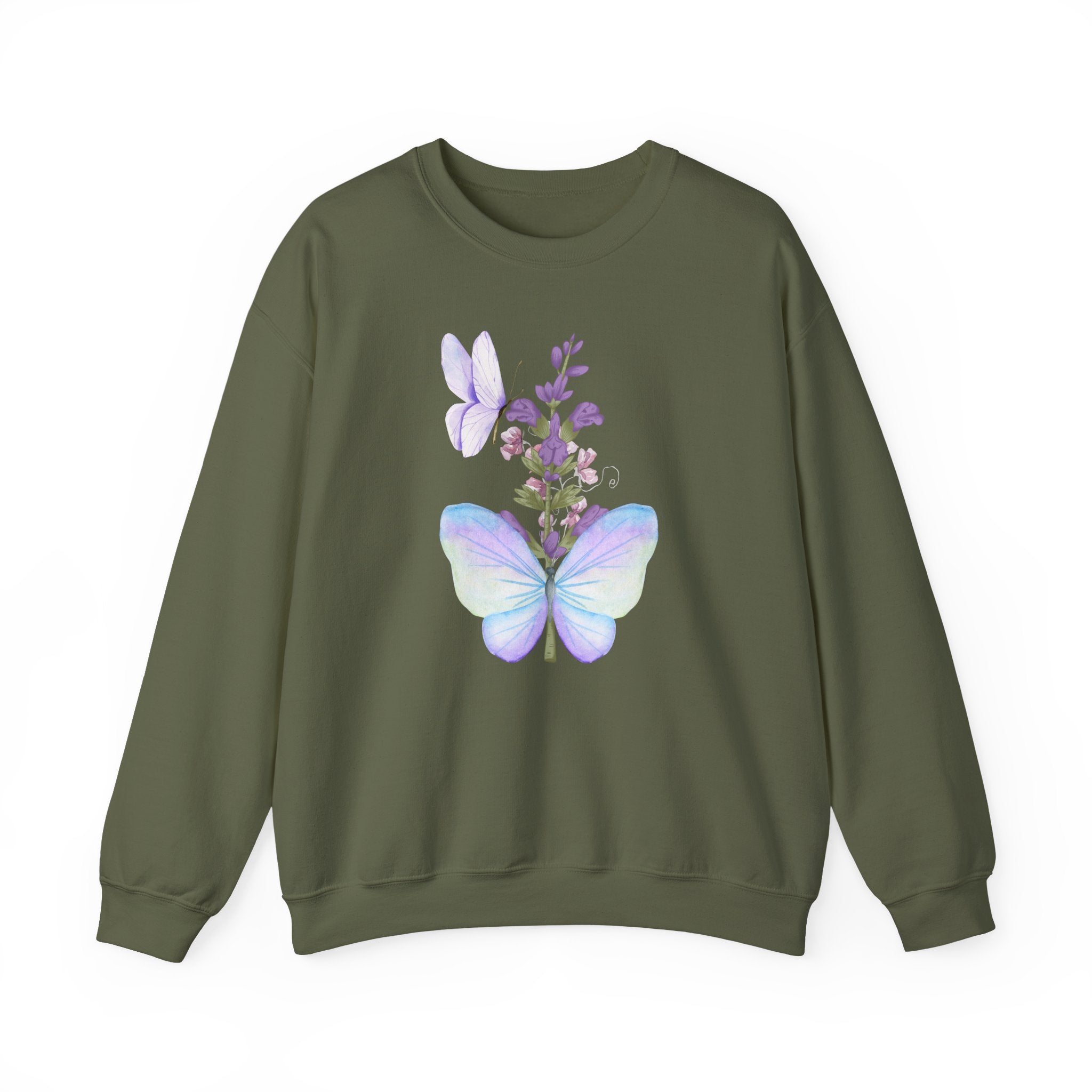 Green sweatshirt with butterfly and floral design on a white background