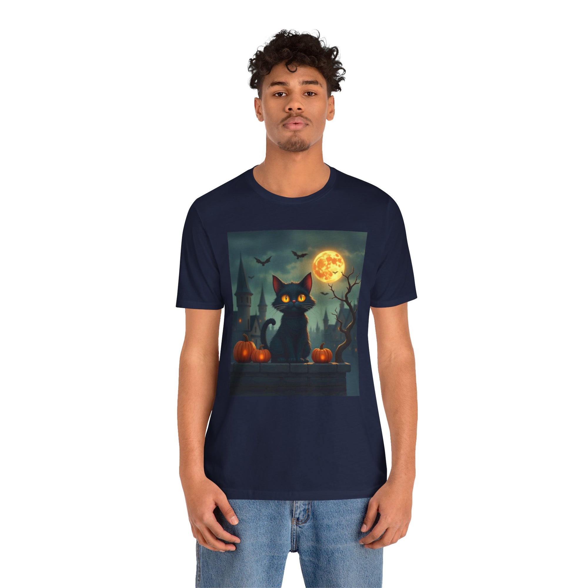 Halloween Cat with Bats and Orange Pumpkins T-shirt for Men and Women