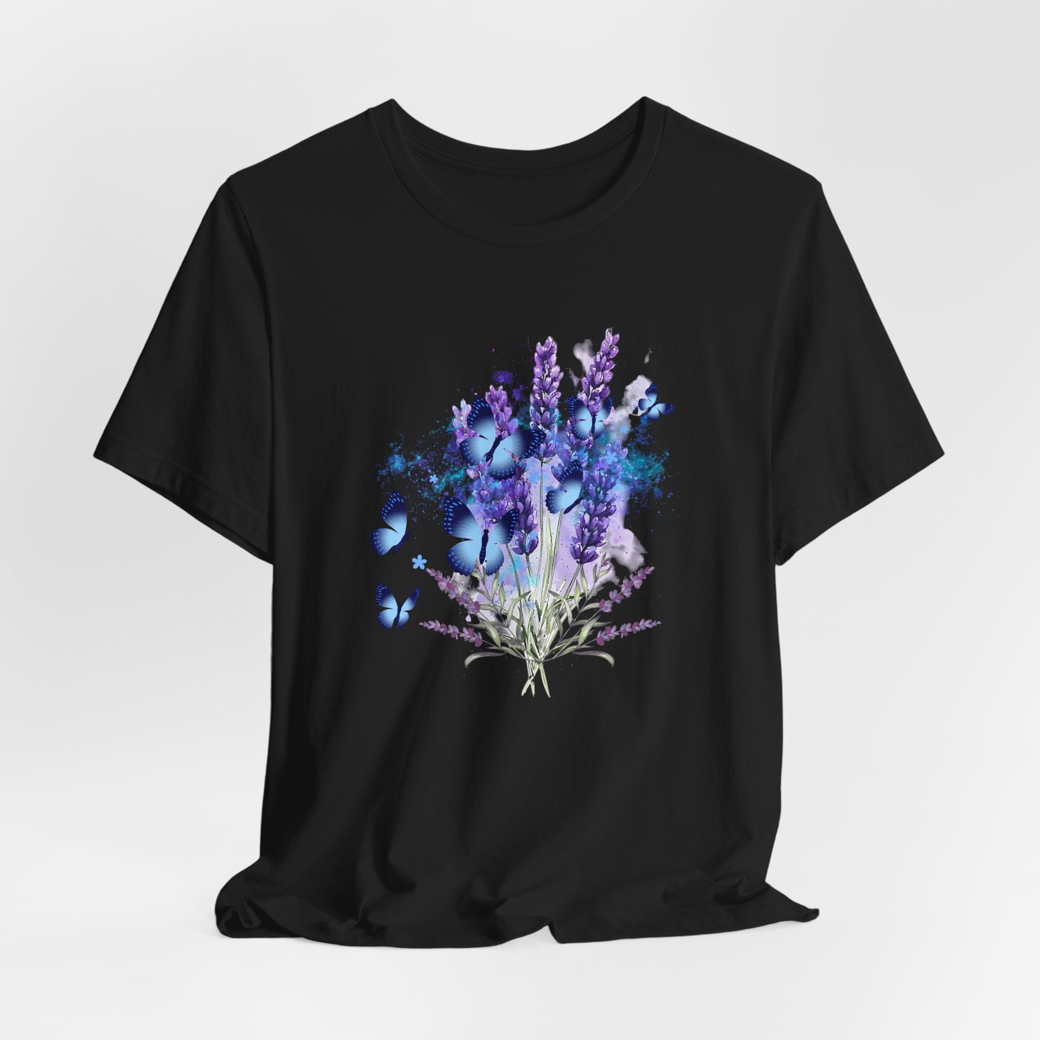 Black t-shirt with a colorful floral design on a white background