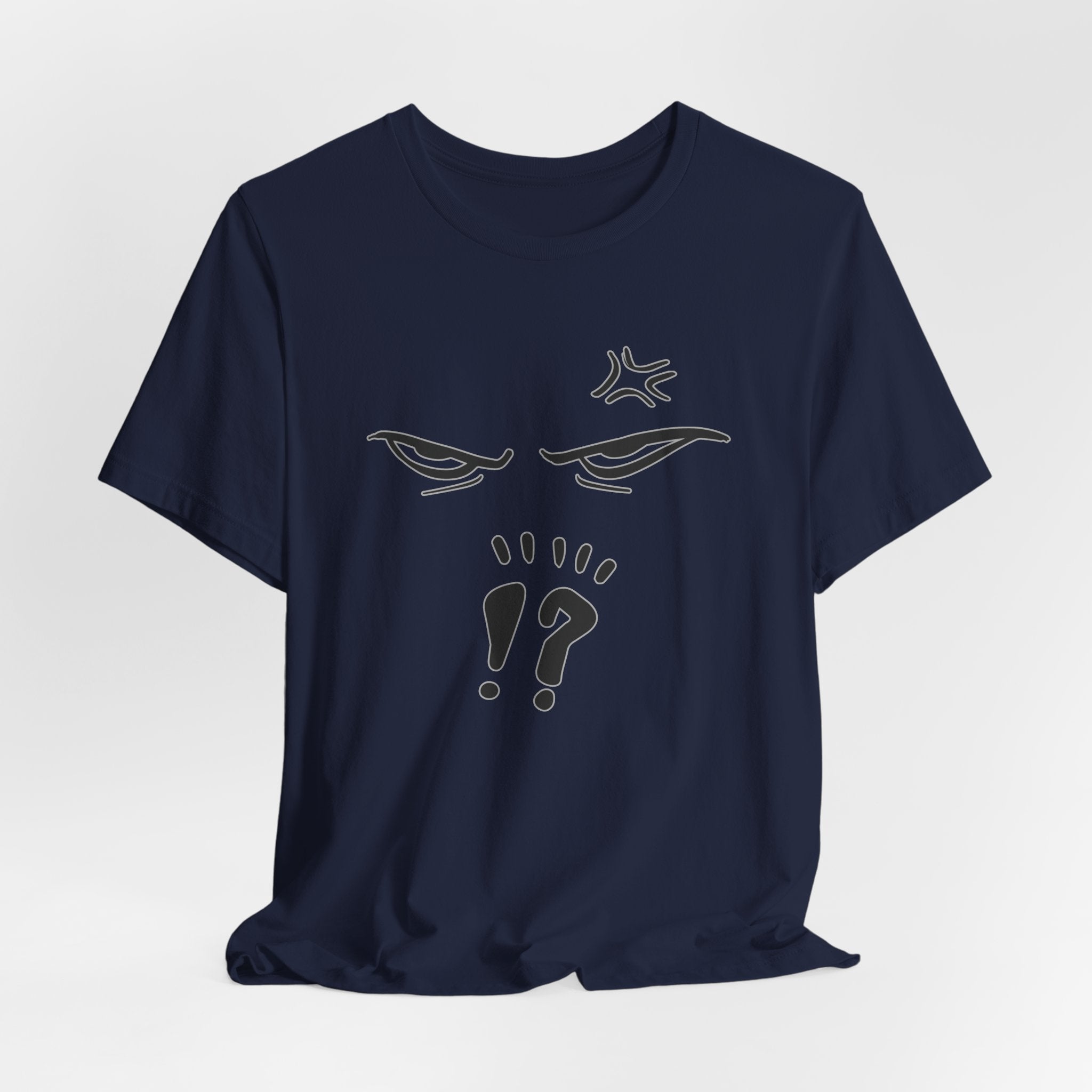 Navy blue t-shirt with minimalist face design on a light gray background