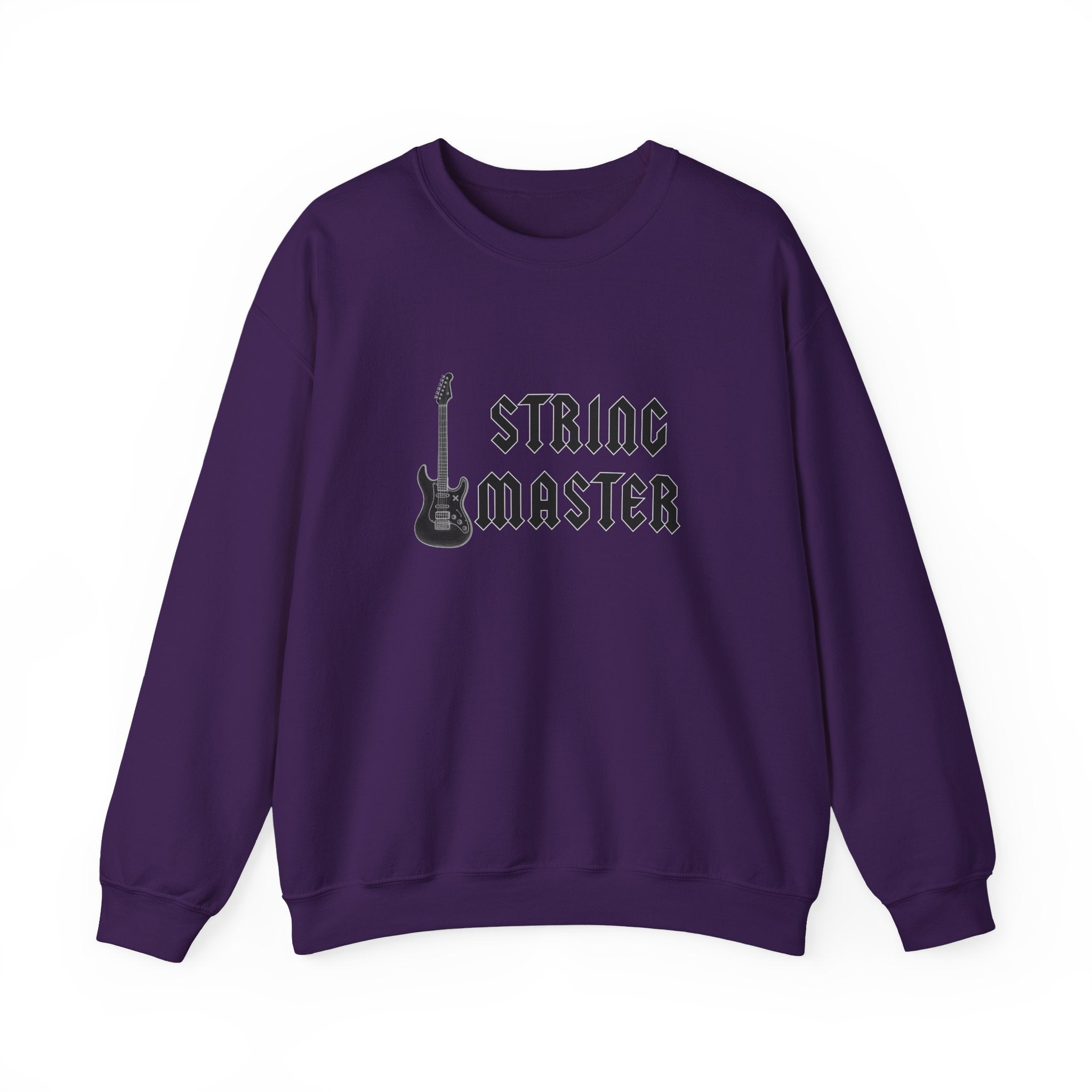 Purple sweatshirt with 'String Master' text and guitar graphic on a white background