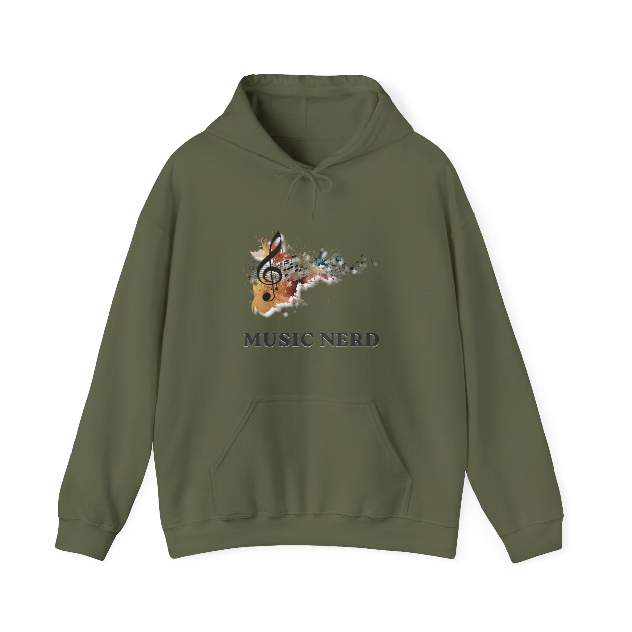 Green hoodie with 'Music Nerd' design on a white background