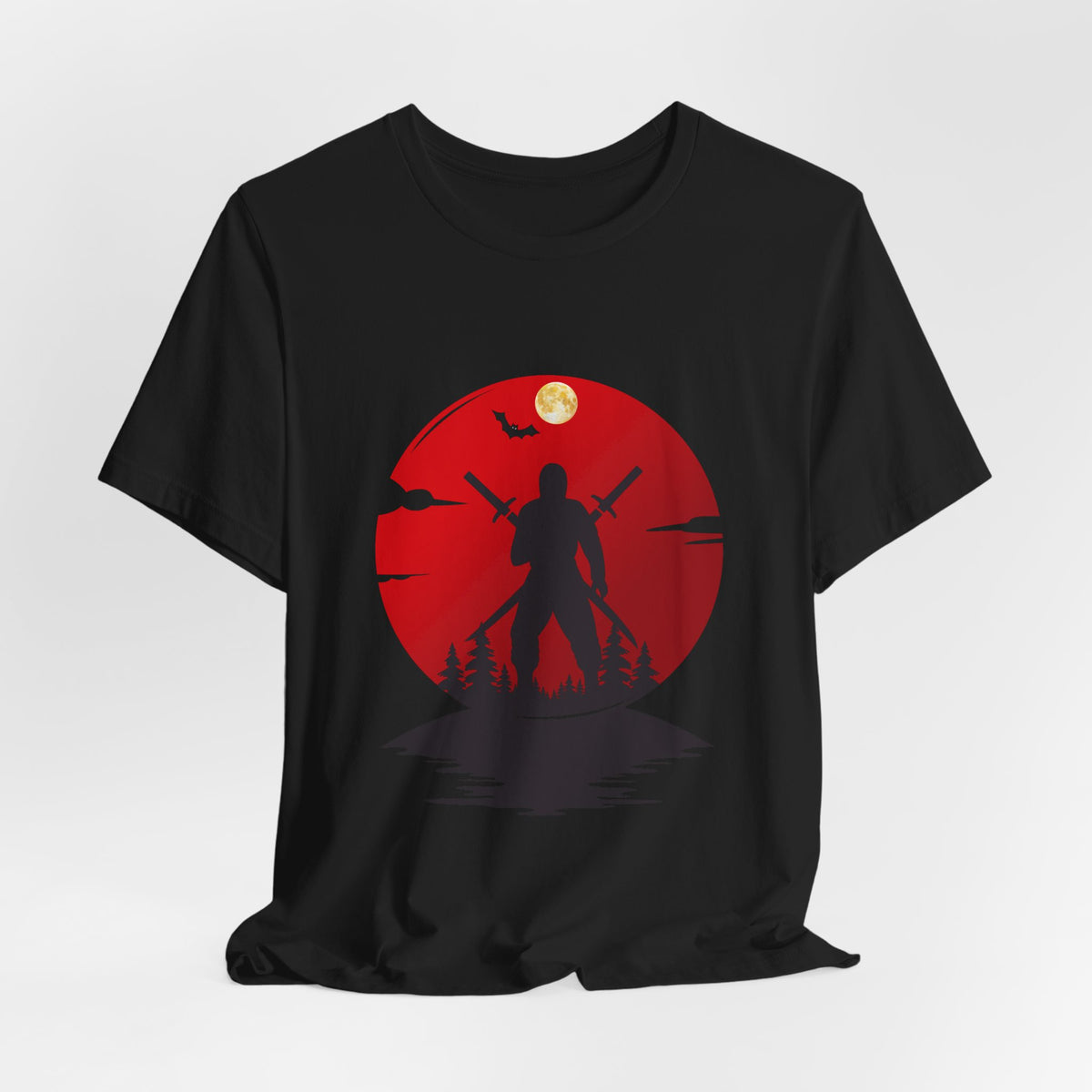 Black t-shirt with a red graphic design of a silhouette against a red circle on a white background