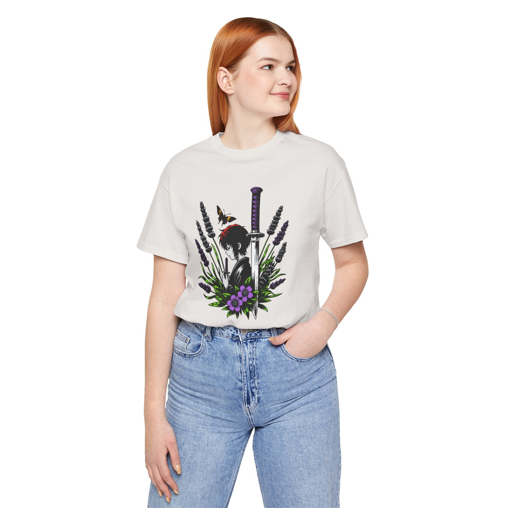 Person wearing a white t-shirt with a graphic design on a white background