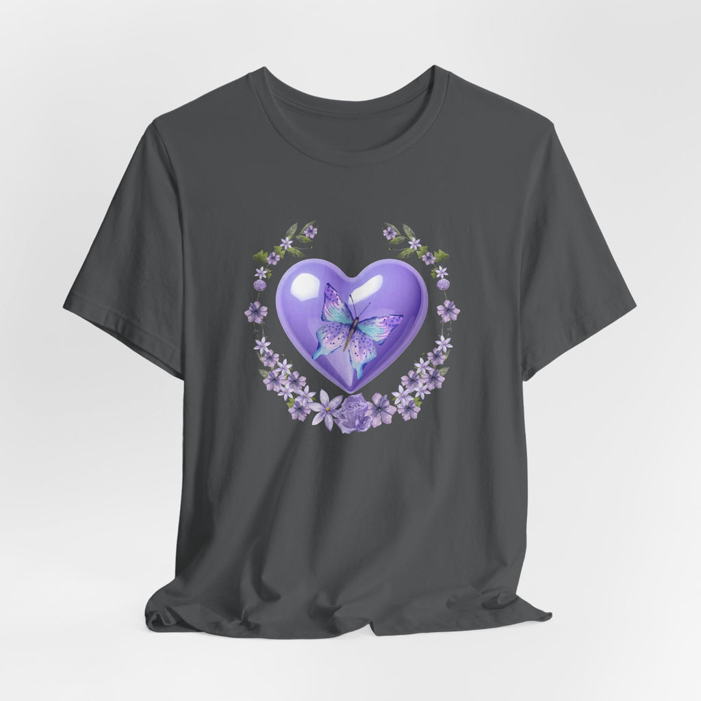 Gray t-shirt with a purple heart and butterfly design on a white background
