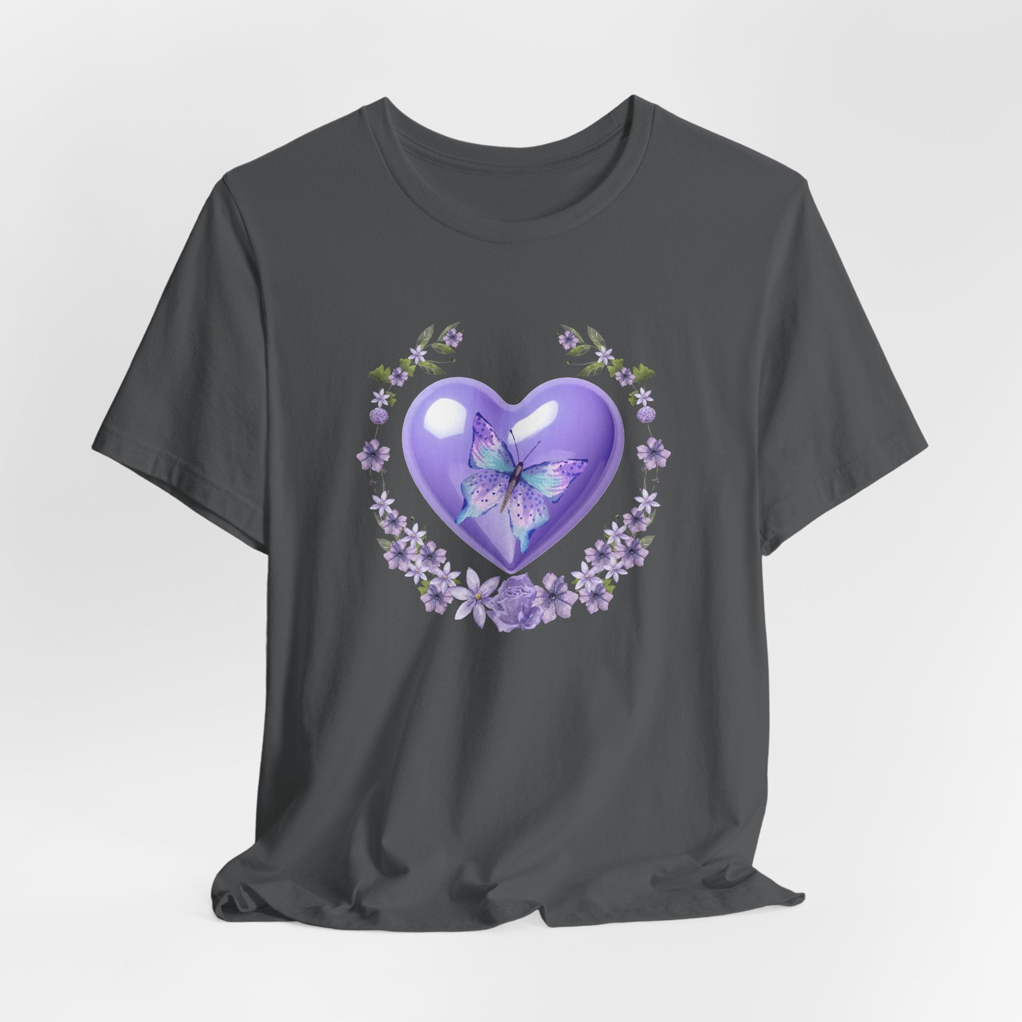 Gray t-shirt with a purple heart and butterfly design on a white background