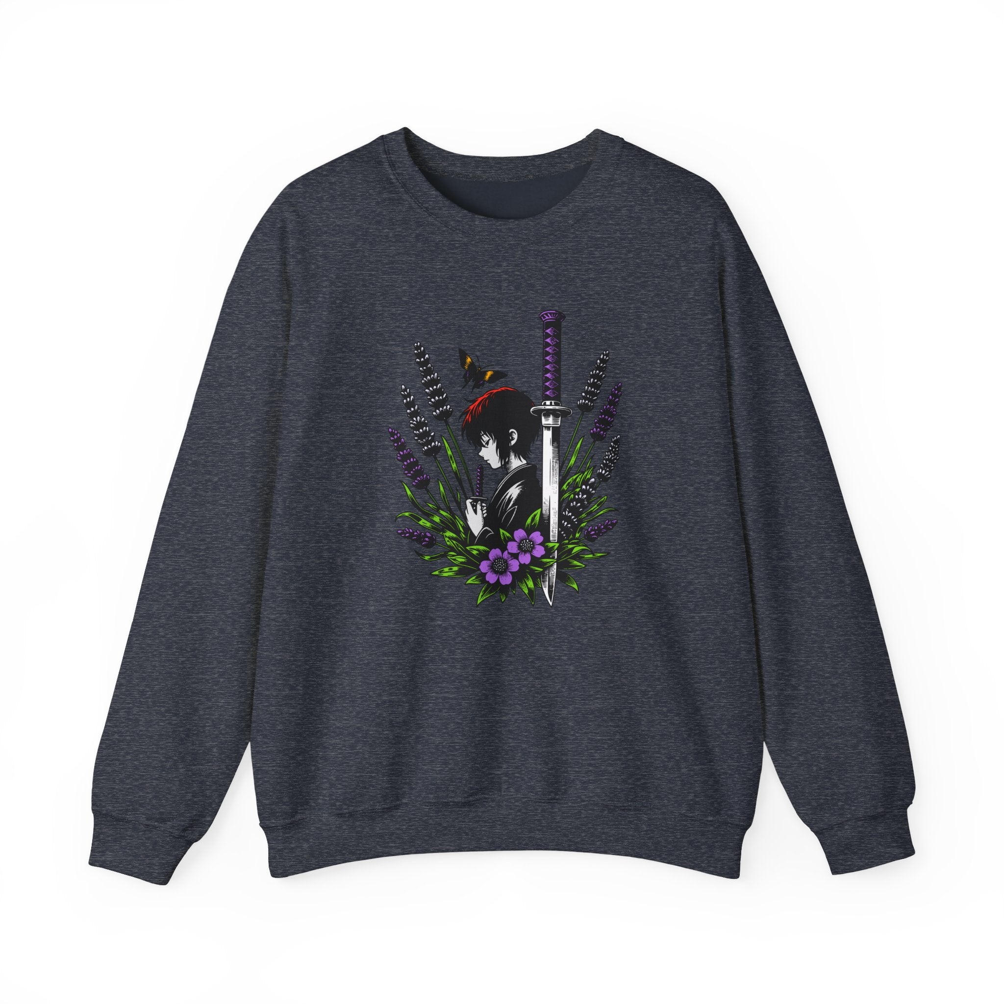 Dark navy sweatshirt with a manga, butterfly, and sword design on a white background