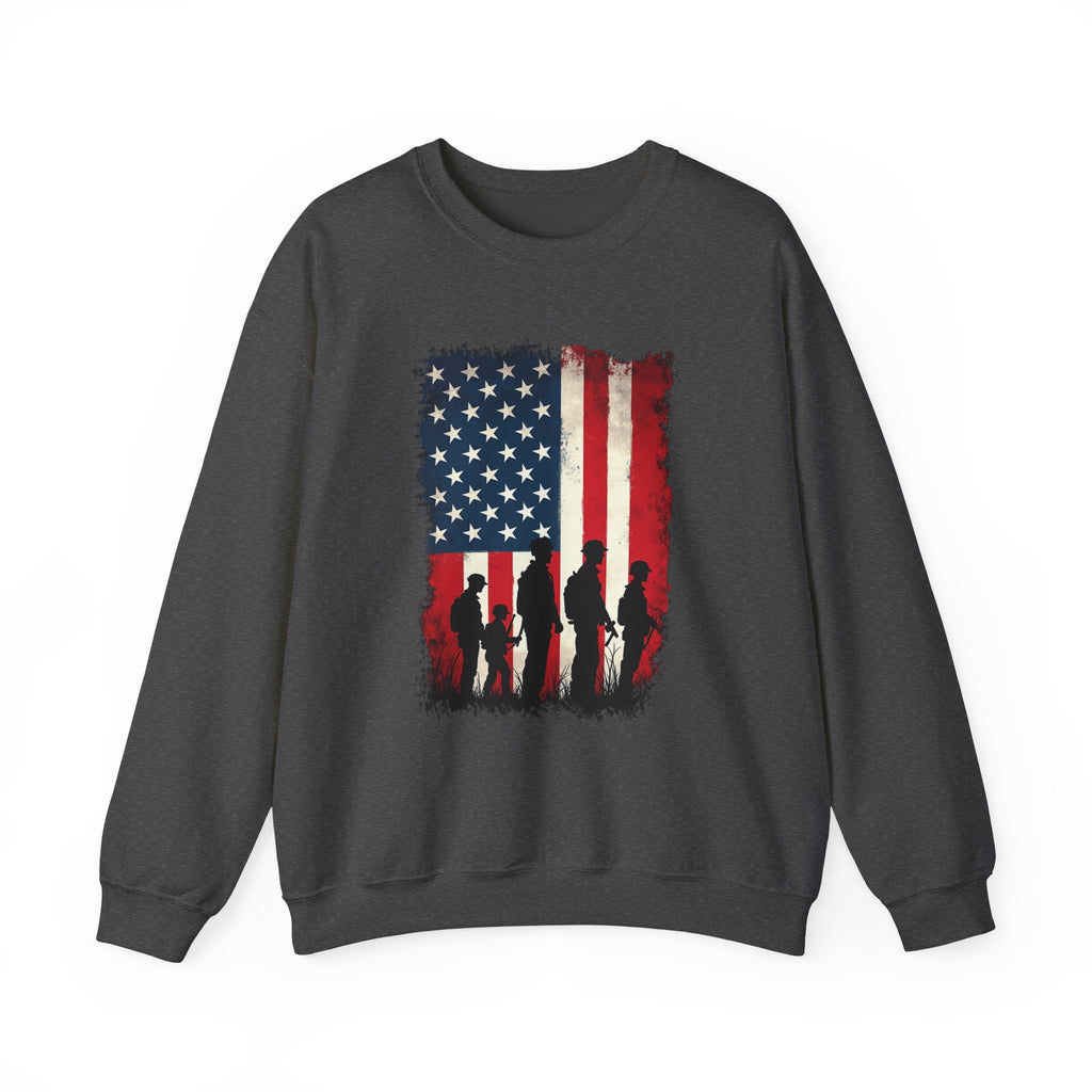 Dark gray sweatshirt with American flag and silhouette design on a white background