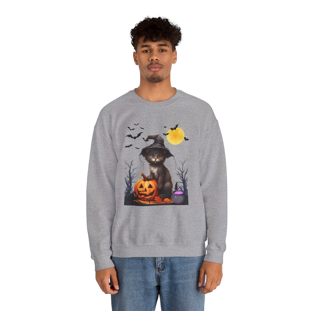 Person wearing a gray sweatshirt with Halloween design on a white background