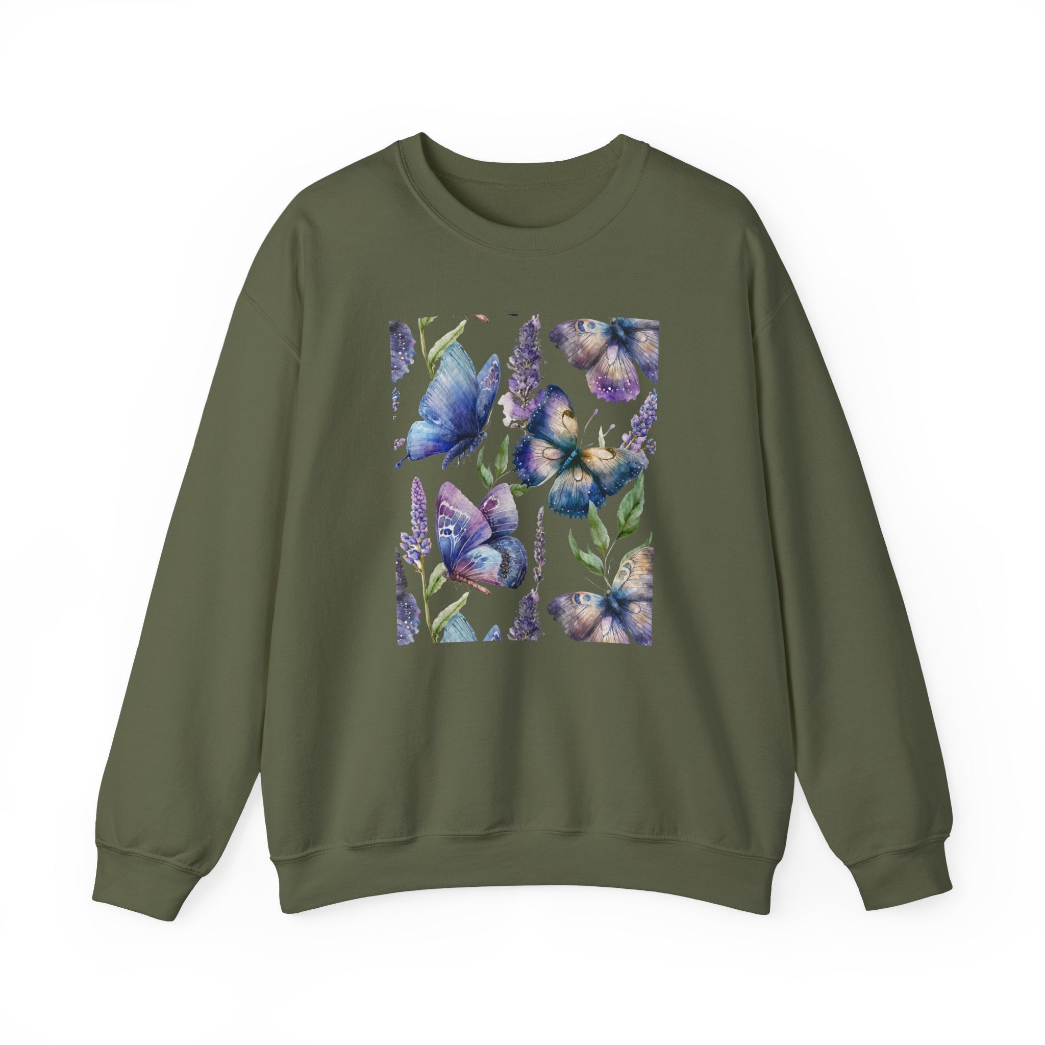 Green sweatshirt with butterfly and floral design on a white background