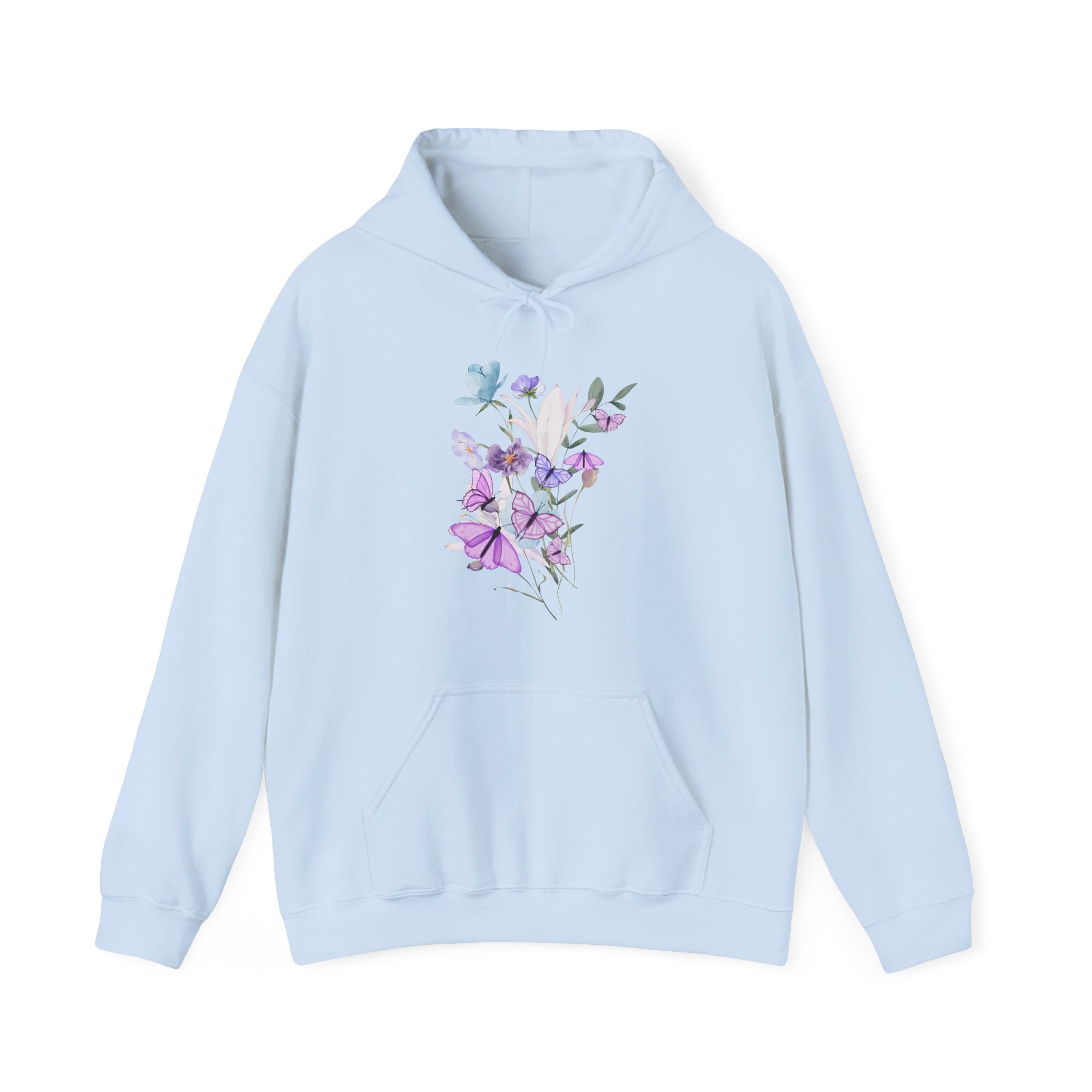 Light blue hoodie with a graphic of flowers and butterflies on a white background